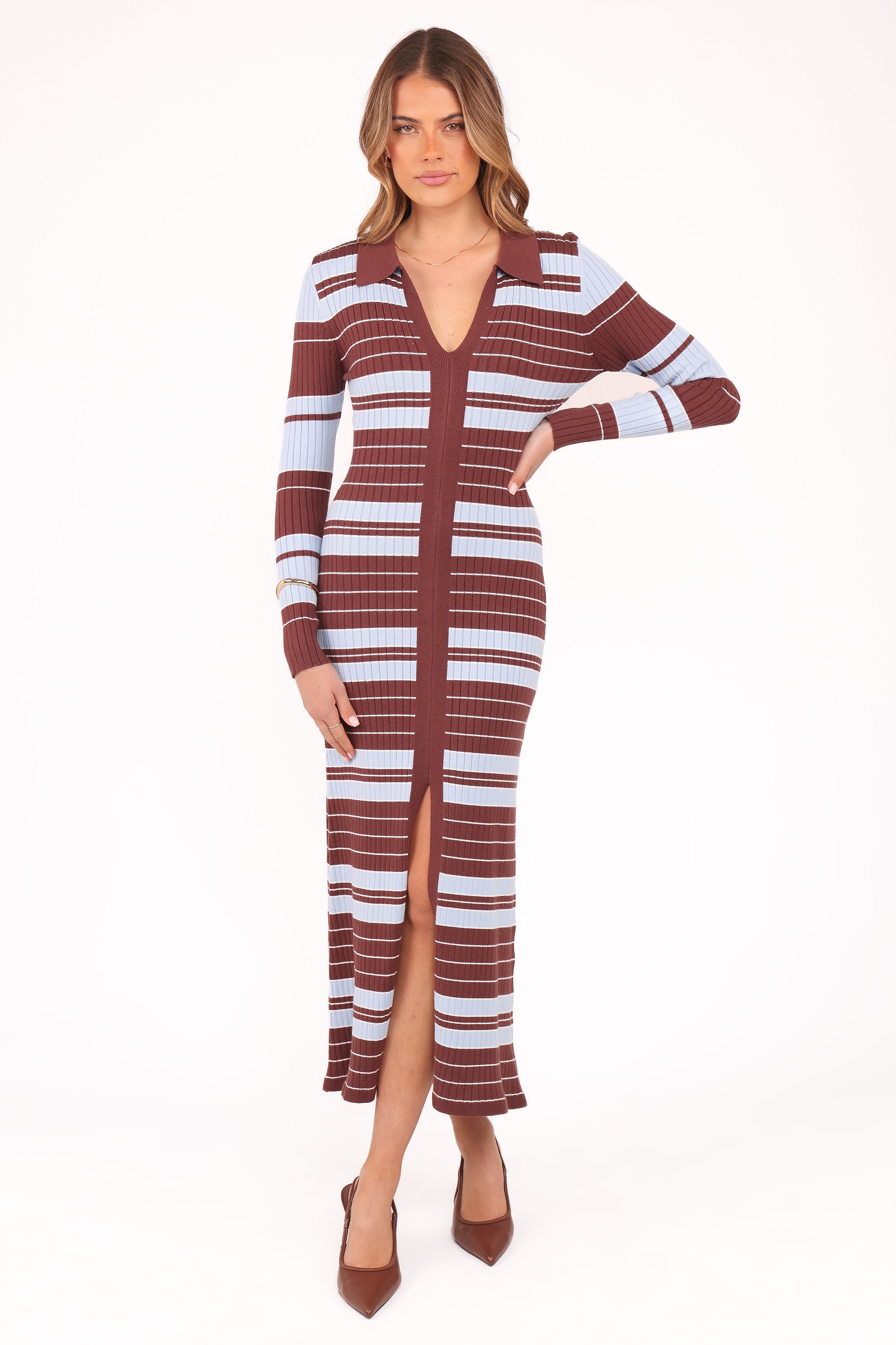 DRESSES Eliana Long Sleeve Midi Dress - Brown Blue Stripe