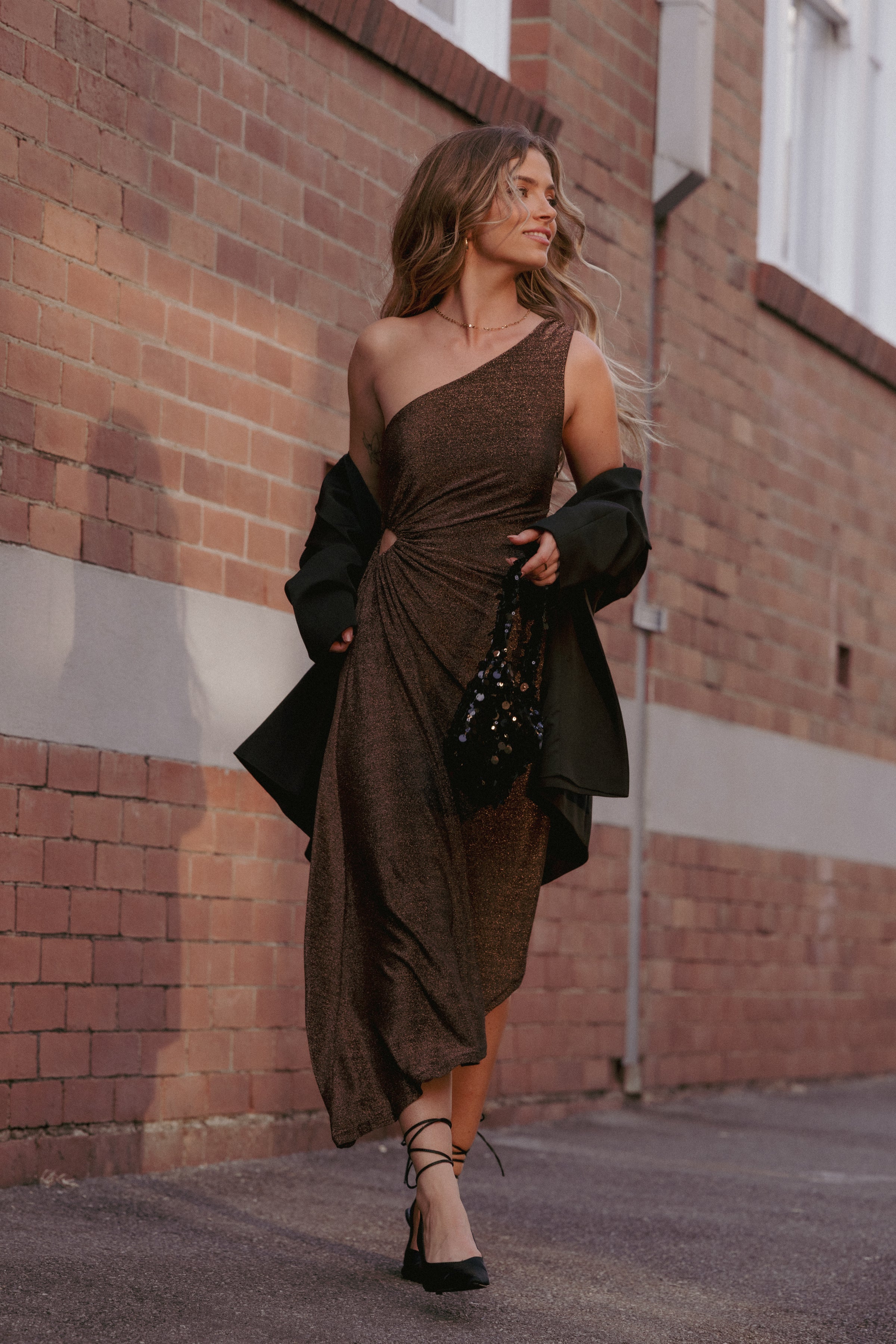 DRESSES Emma One Shoulder Midi Dress - Vintage Gold