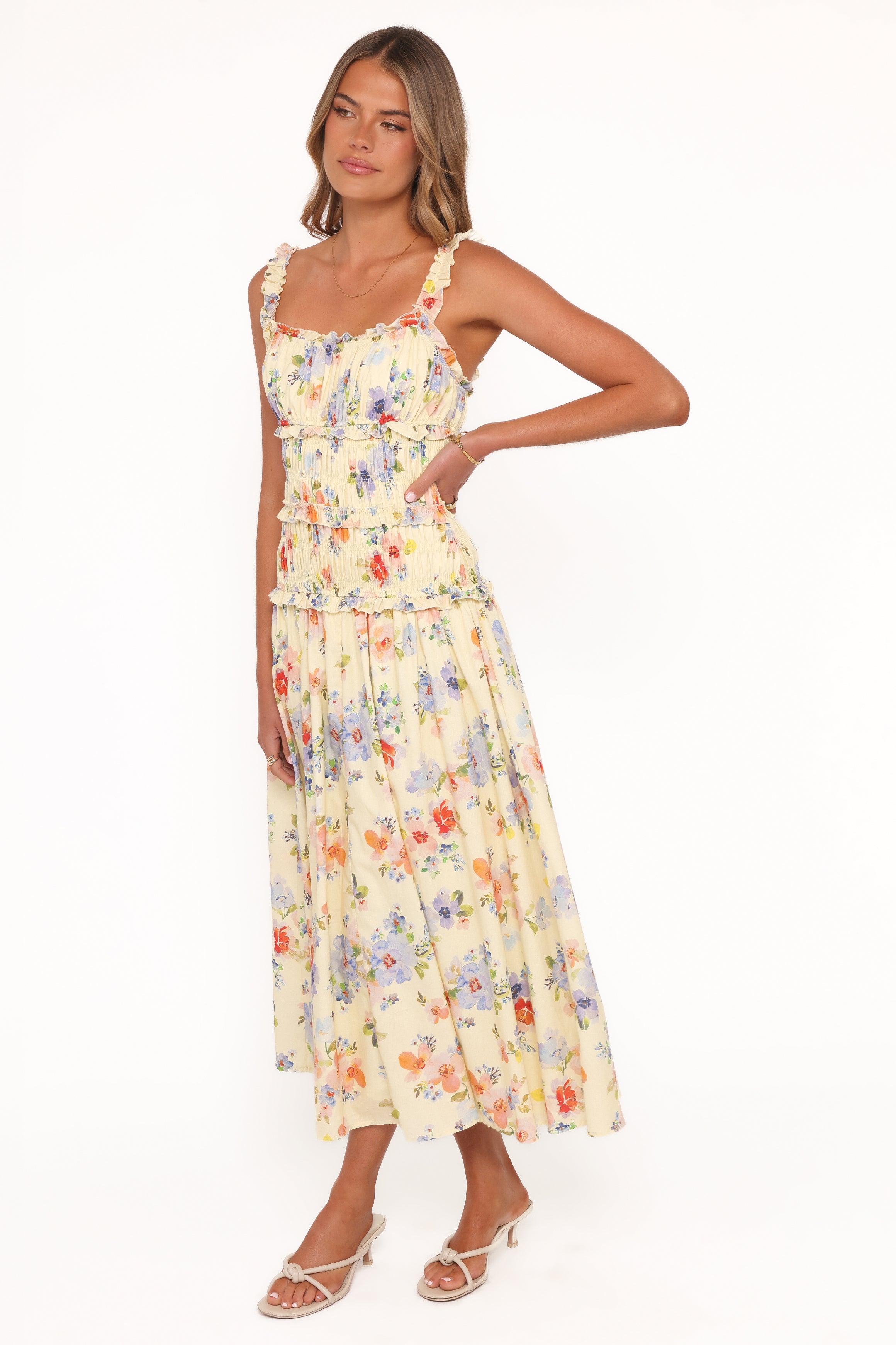 DRESSES Enola Gather Midi Dress - Yellow Floral