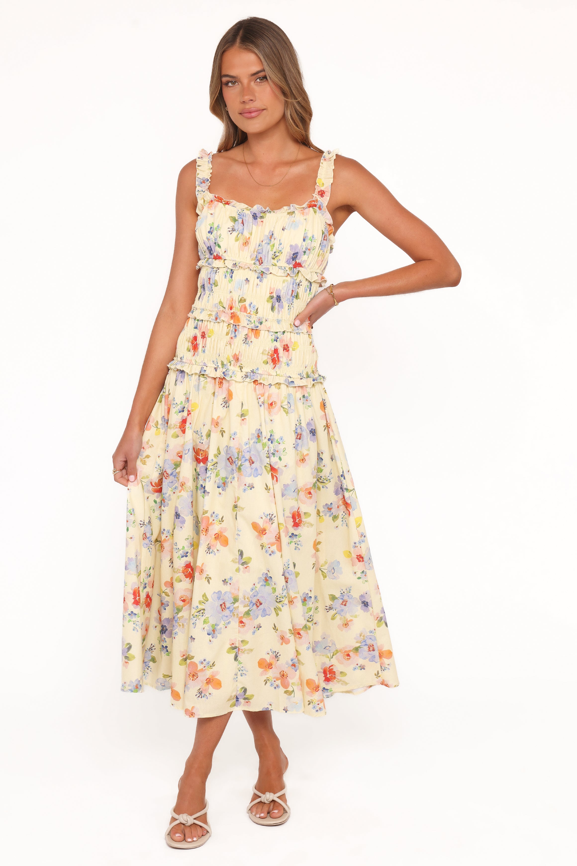 DRESSES Enola Gather Midi Dress - Yellow Floral