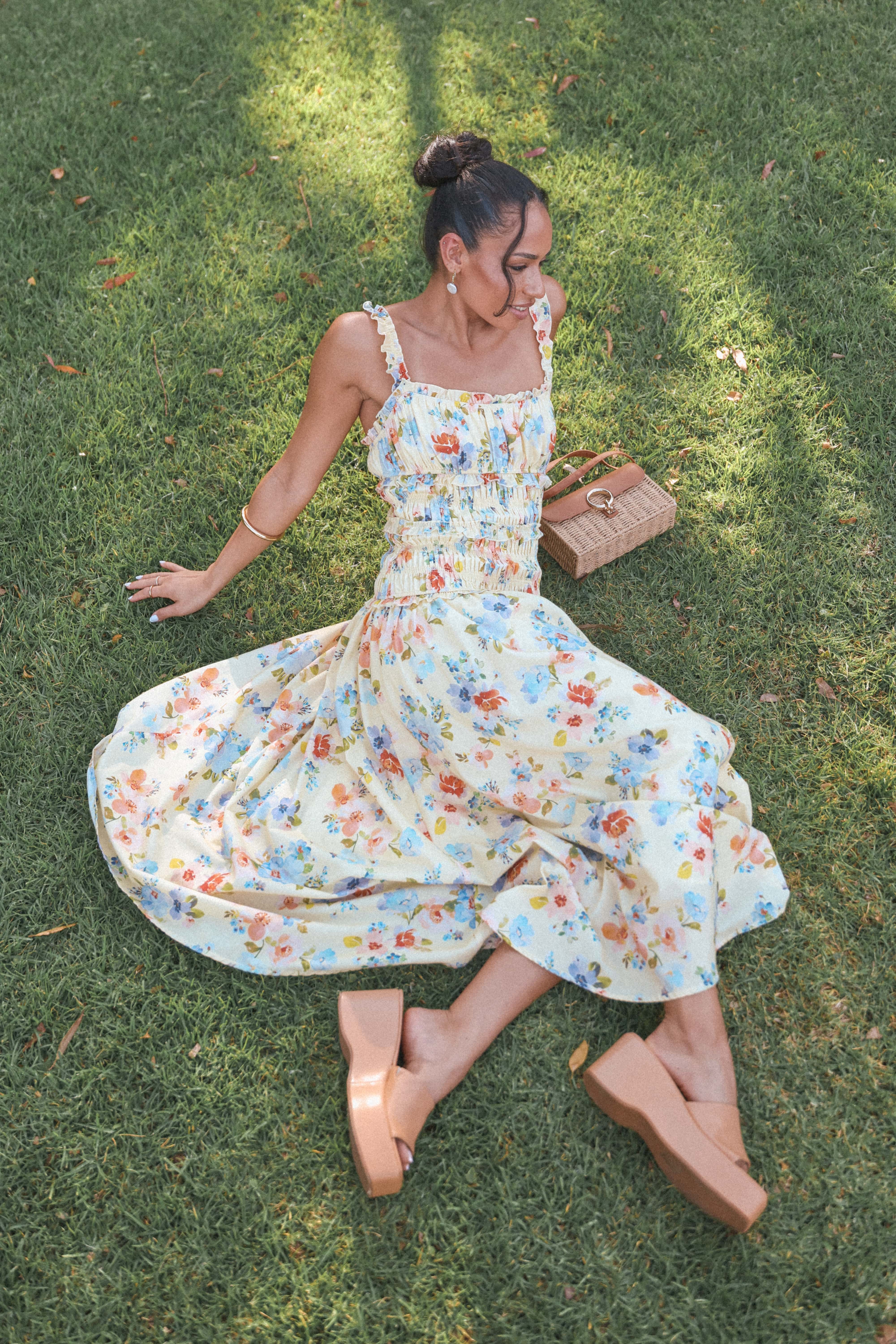 DRESSES Enola Gather Midi Dress - Yellow Floral