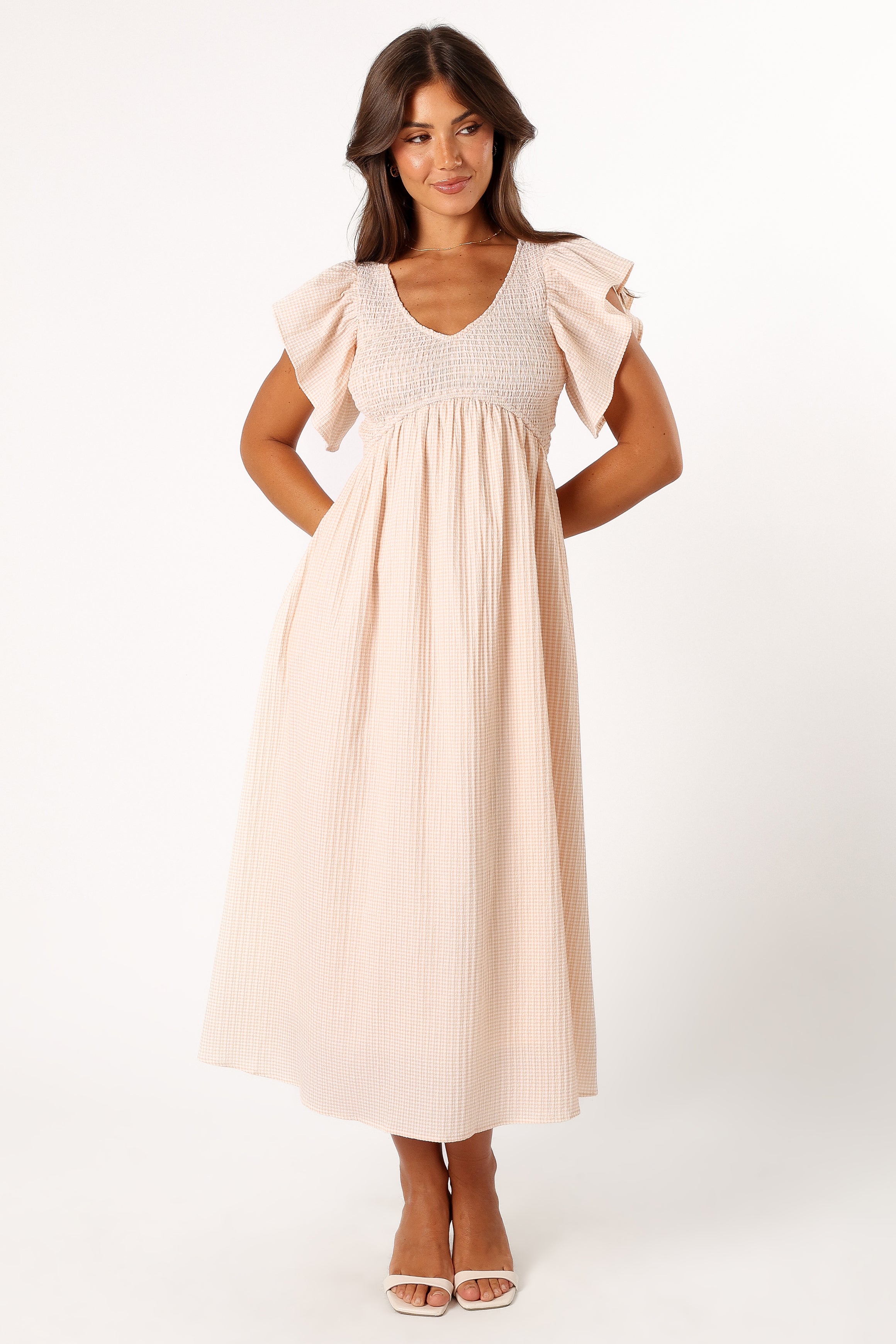 DRESSES @Farley Flutter Sleeve Midi Dress - Tan Gingham (Hold for Sundial)