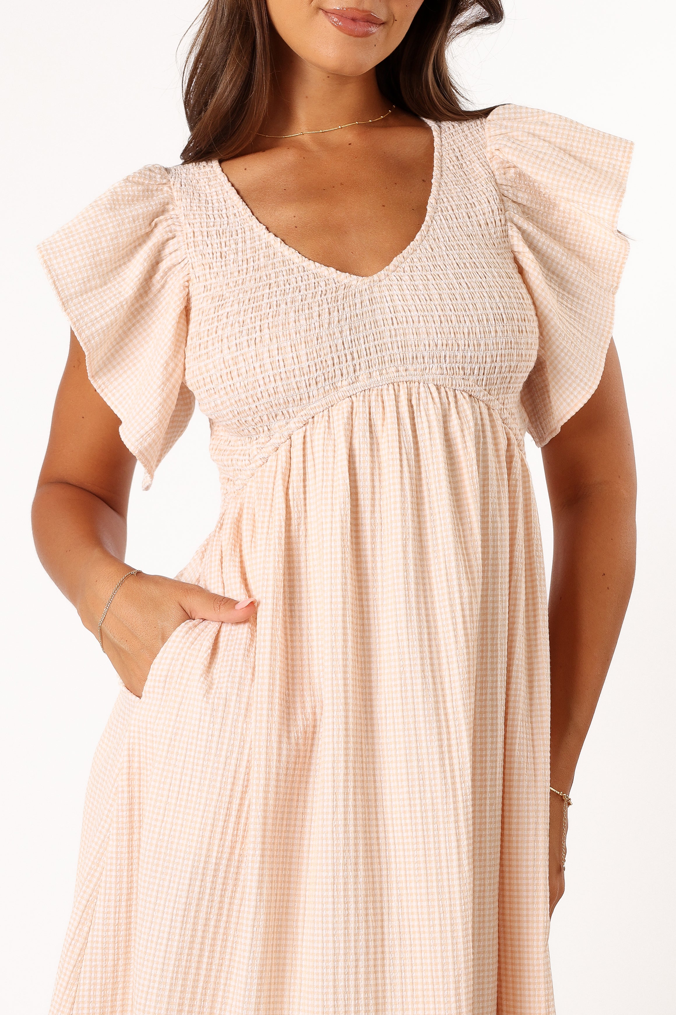 DRESSES @Farley Flutter Sleeve Midi Dress - Tan Gingham (Hold for Sundial)