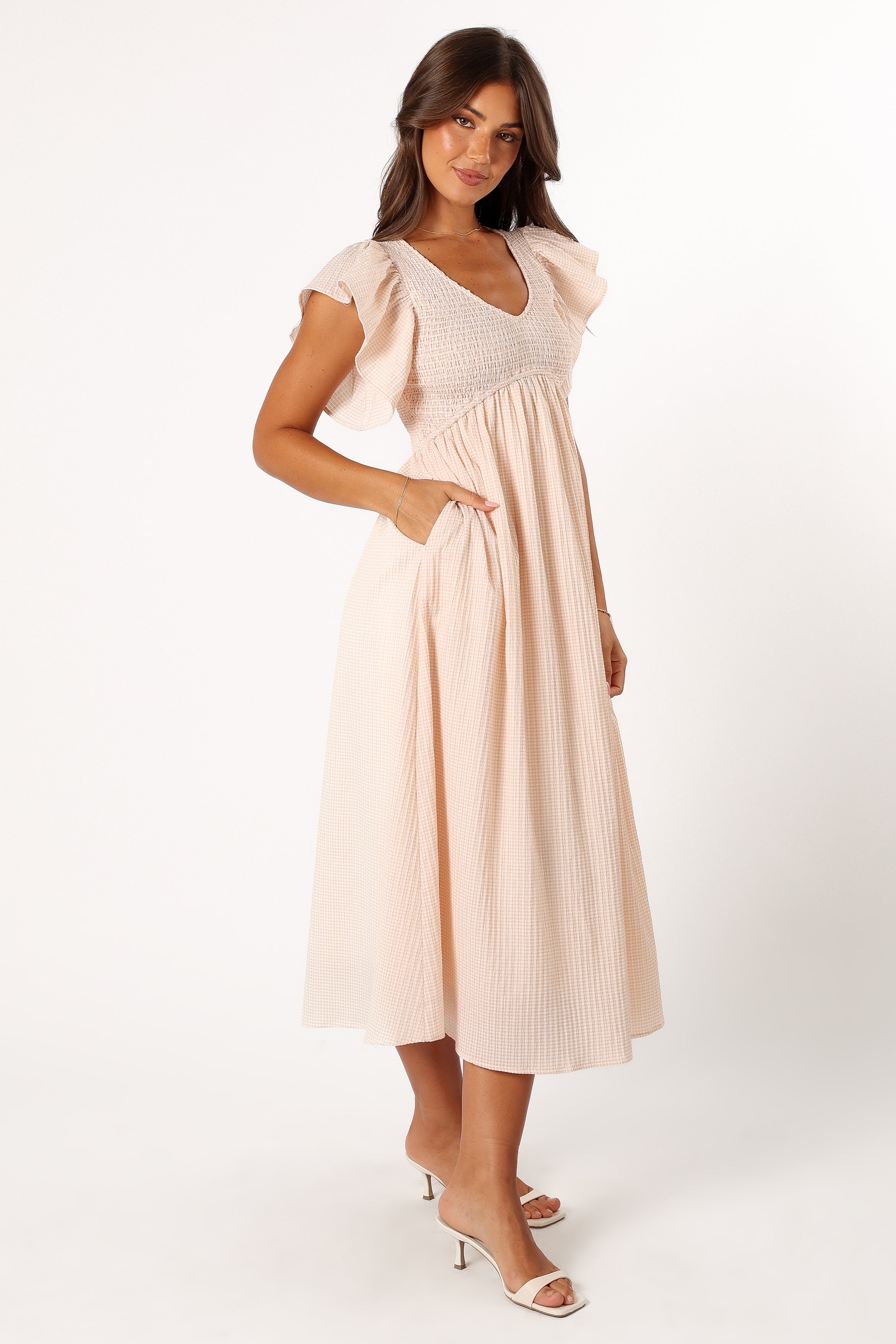 DRESSES @Farley Flutter Sleeve Midi Dress - Tan Gingham (Hold for Sundial)