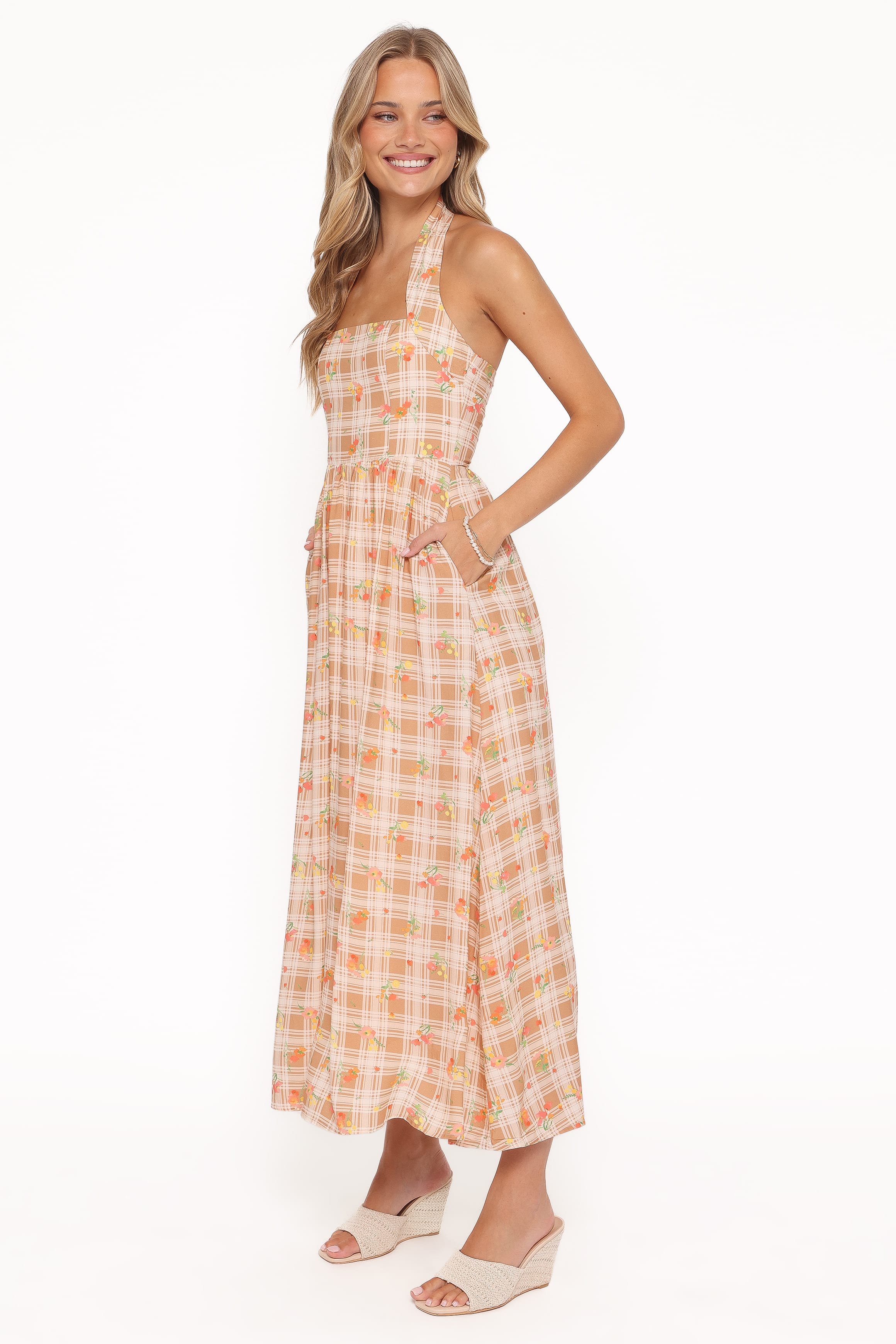DRESSES Gemini Halterneck Maxi Dress - Yellow Floral Gingham
