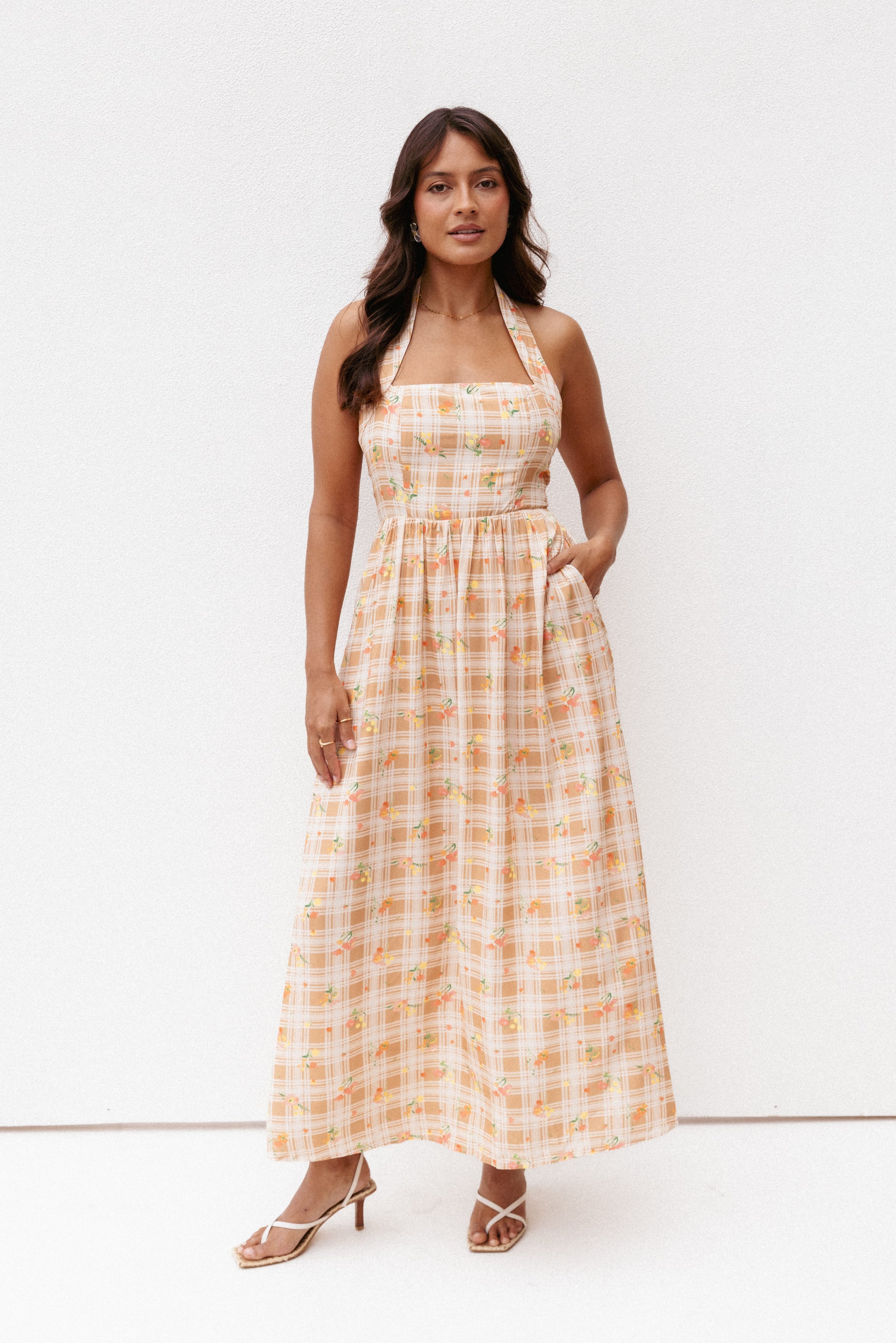 DRESSES Gemini Halterneck Maxi Dress - Yellow Floral Gingham