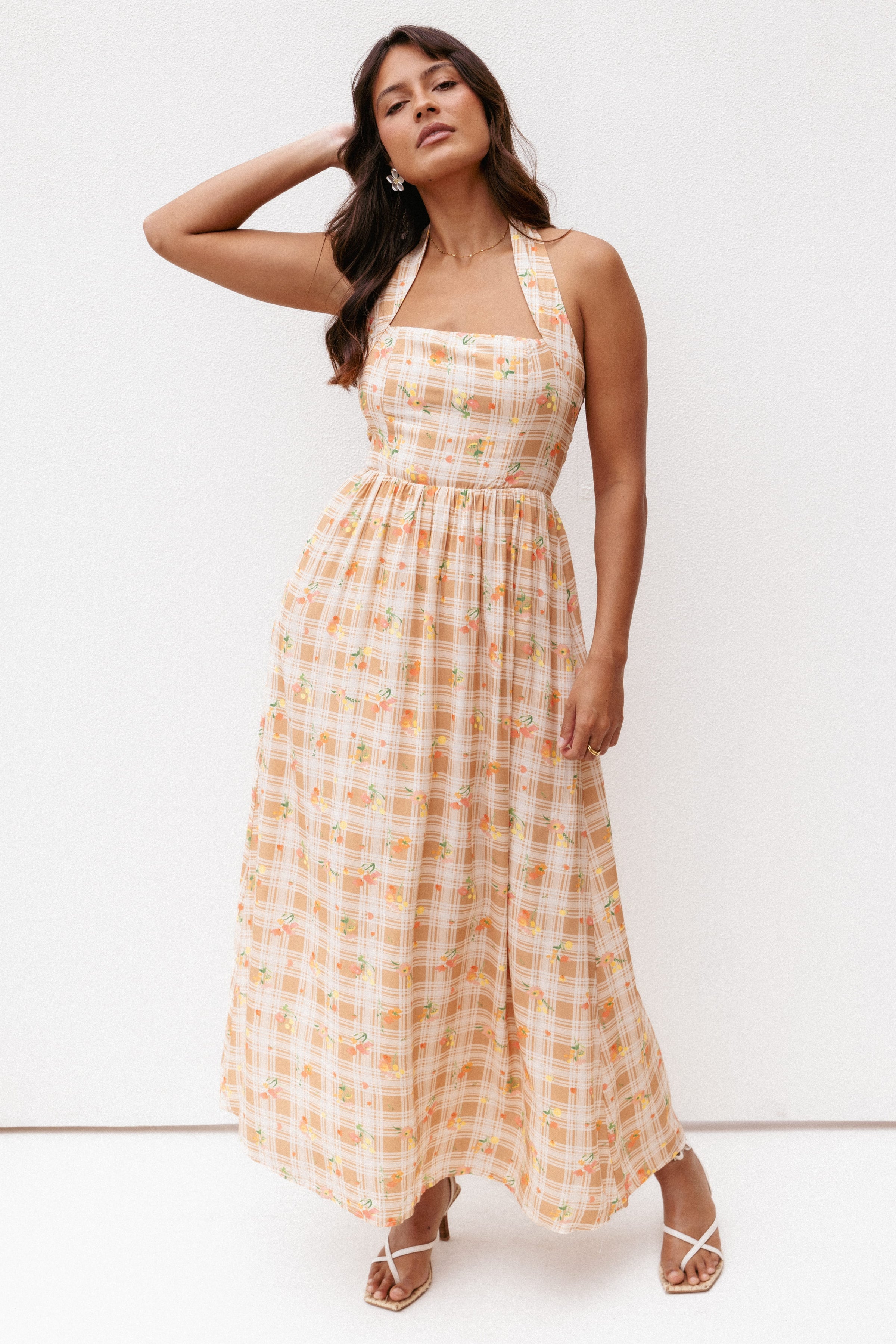 DRESSES Gemini Halterneck Maxi Dress - Yellow Floral Gingham