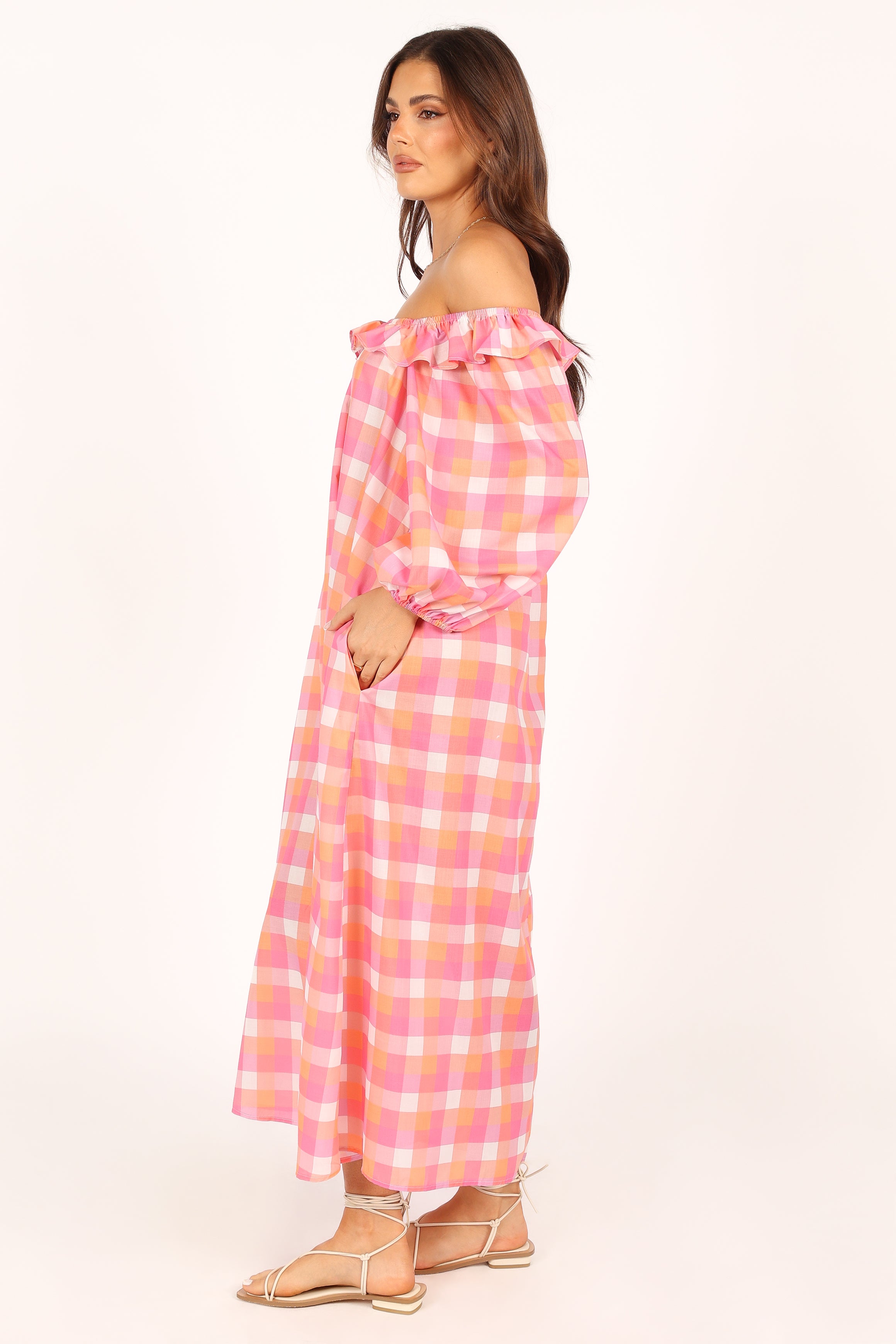 DRESSES @Georgia Off Shoulder Midi Dress - Pink Gingham