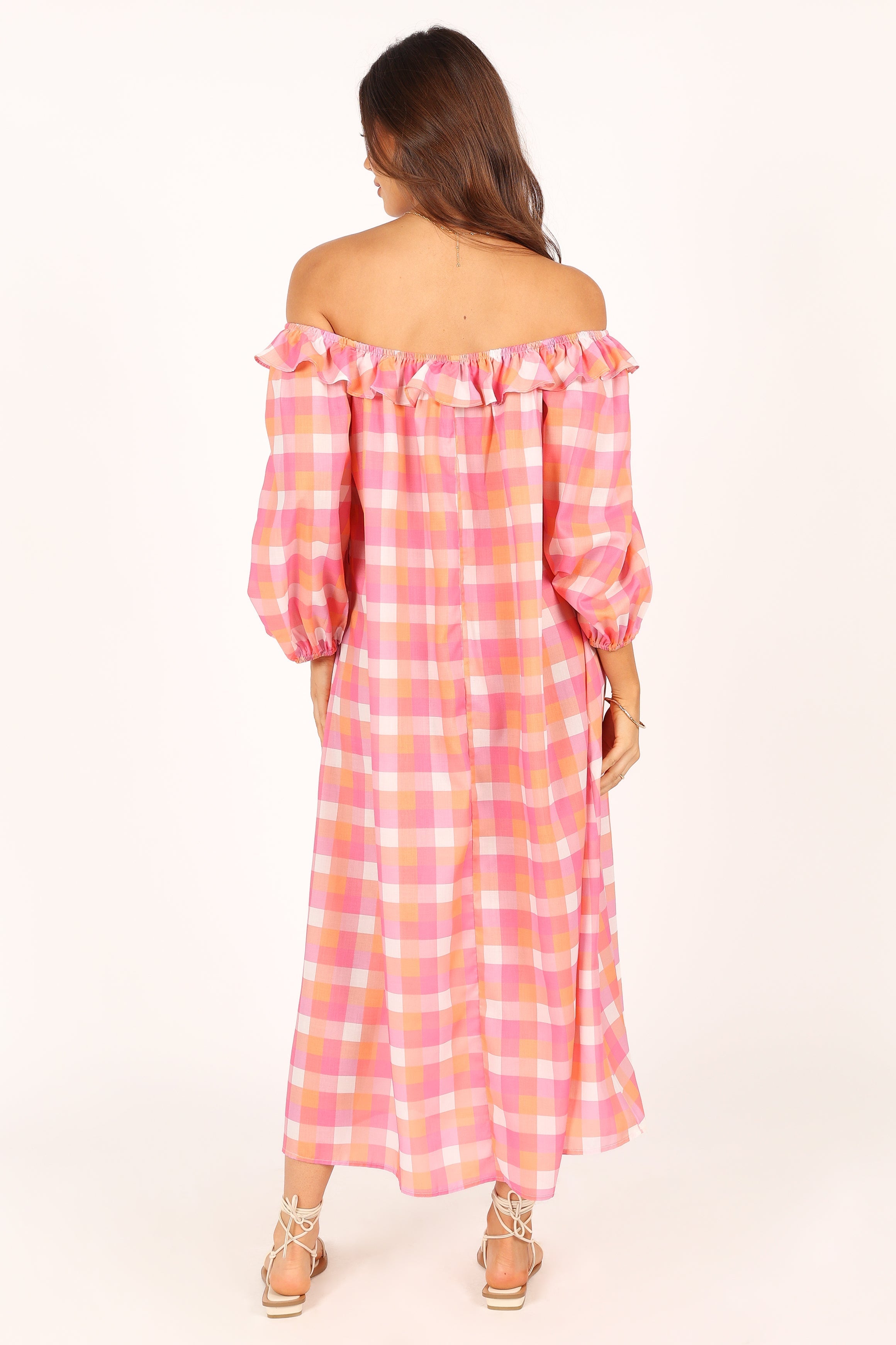 DRESSES @Georgia Off Shoulder Midi Dress - Pink Gingham