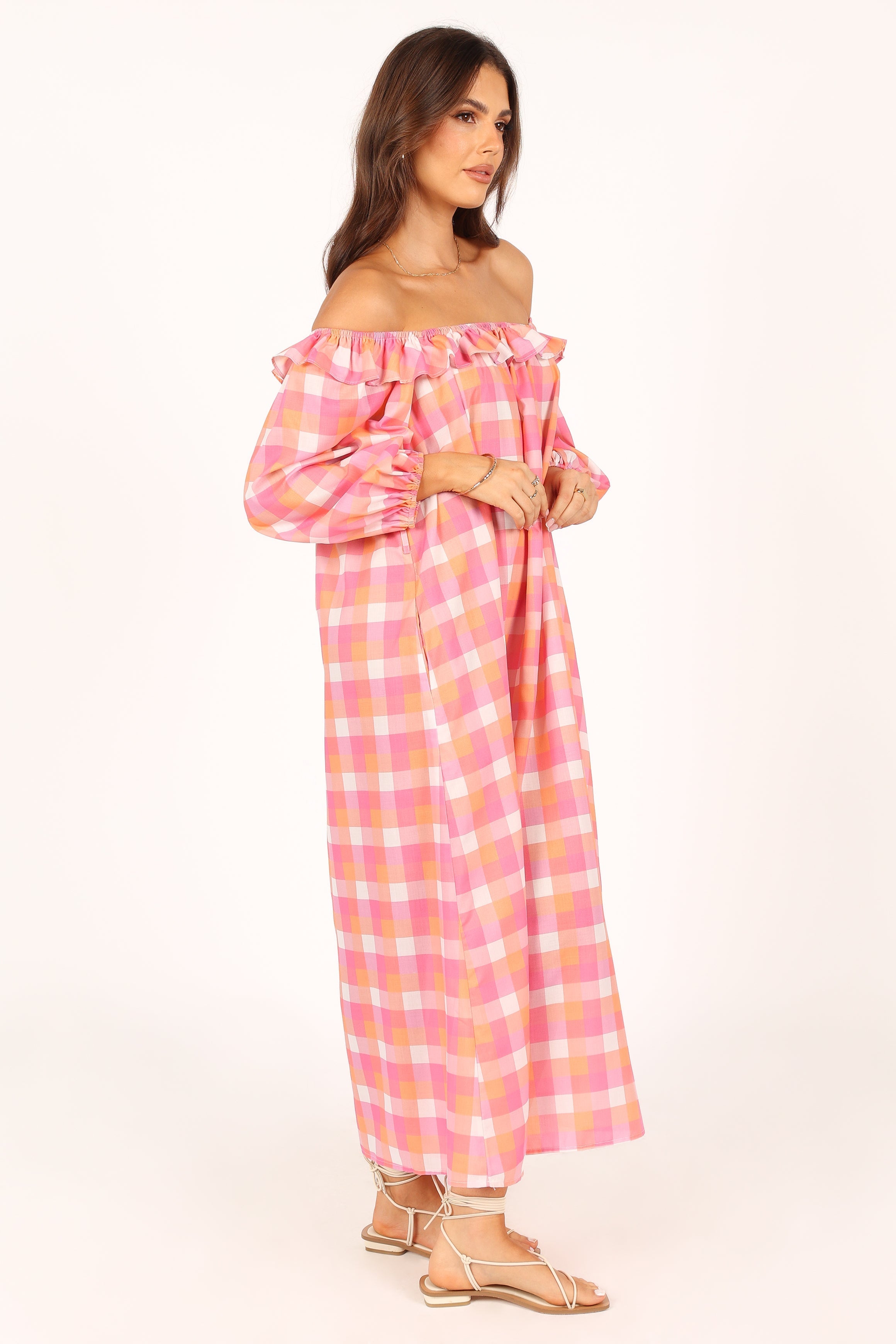 DRESSES @Georgia Off Shoulder Midi Dress - Pink Gingham