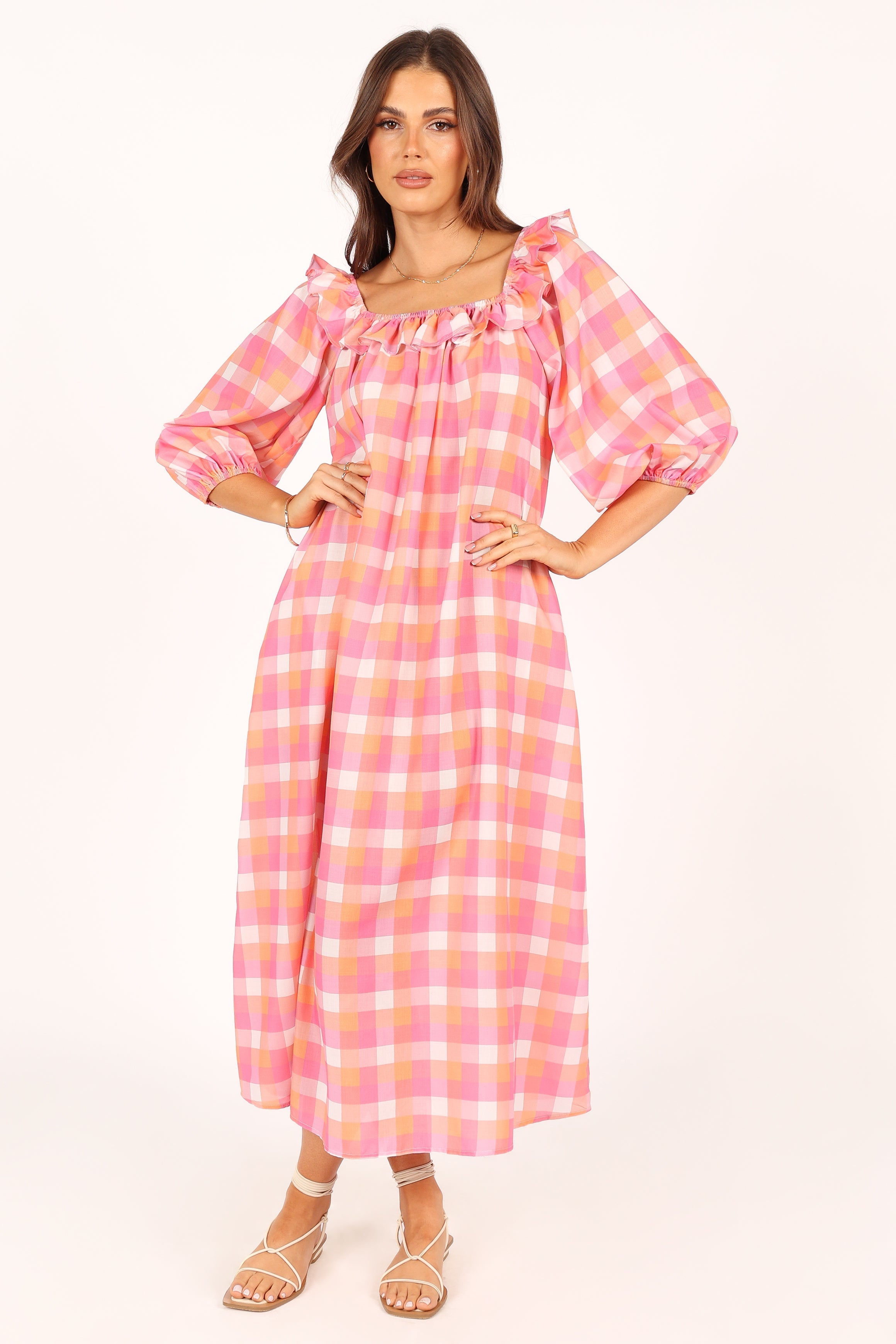 DRESSES @Georgia Off Shoulder Midi Dress - Pink Gingham