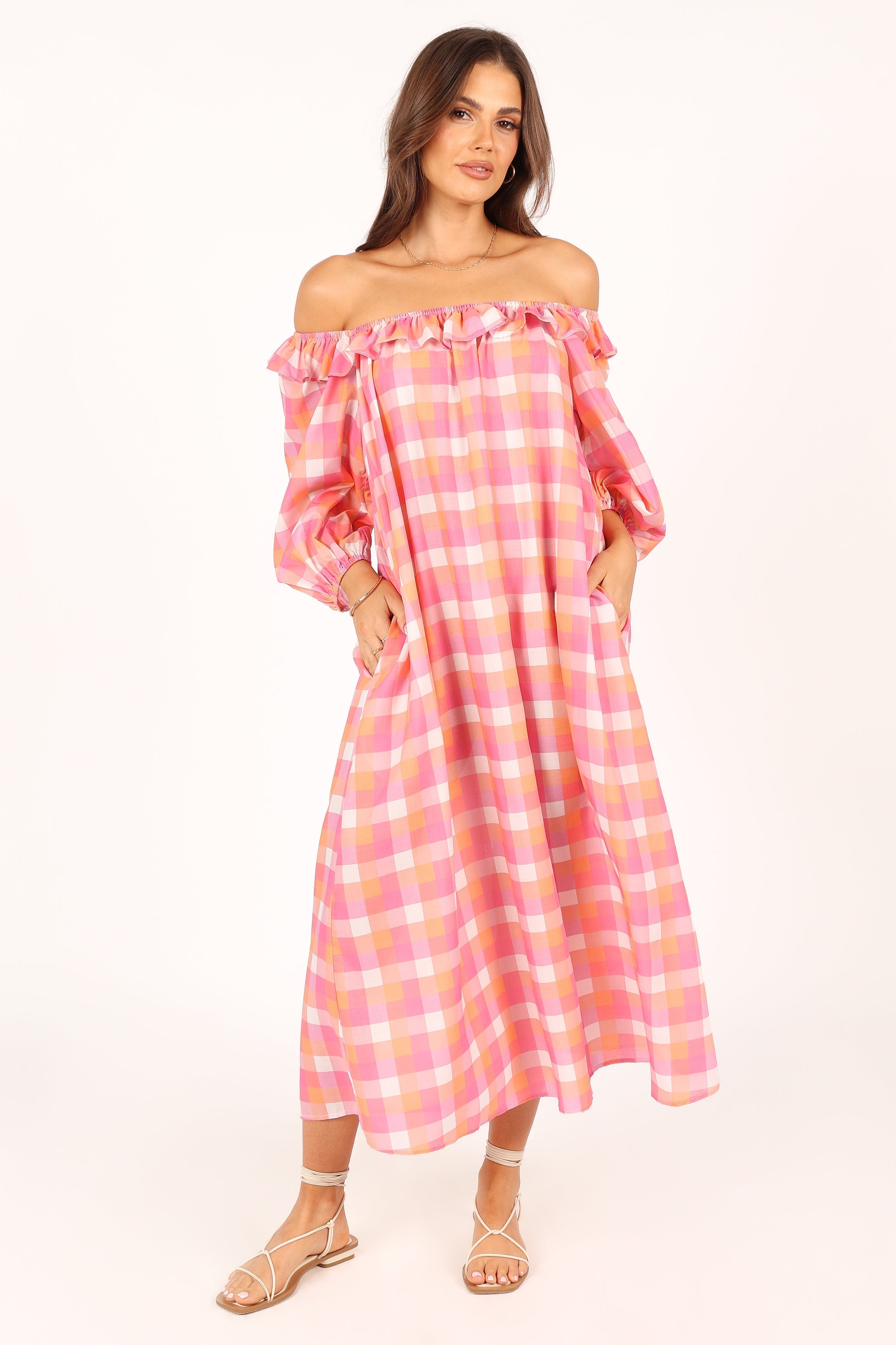 DRESSES @Georgia Off Shoulder Midi Dress - Pink Gingham