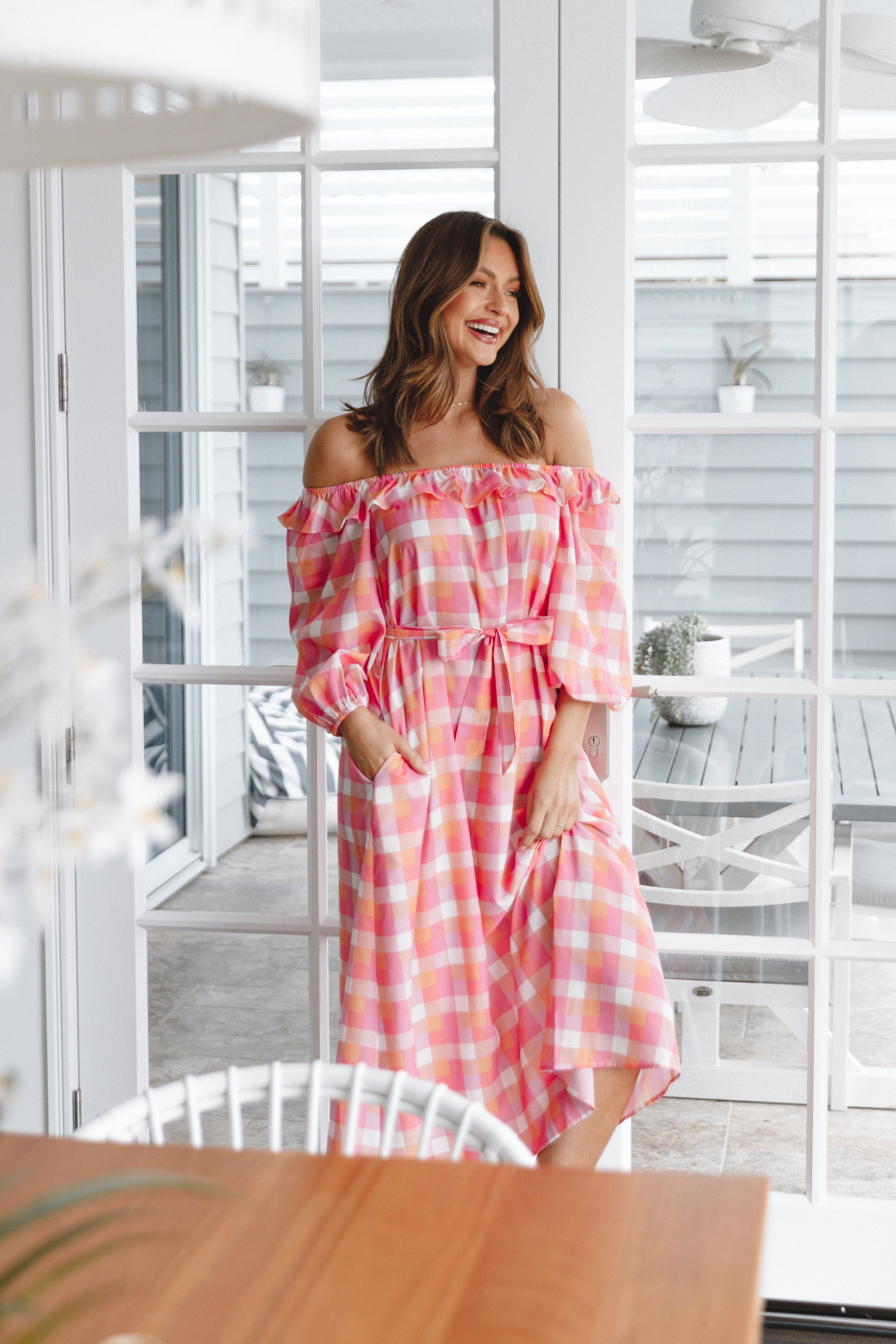 DRESSES Georgia Off Shoulder Midi Dress - Pink Gingham