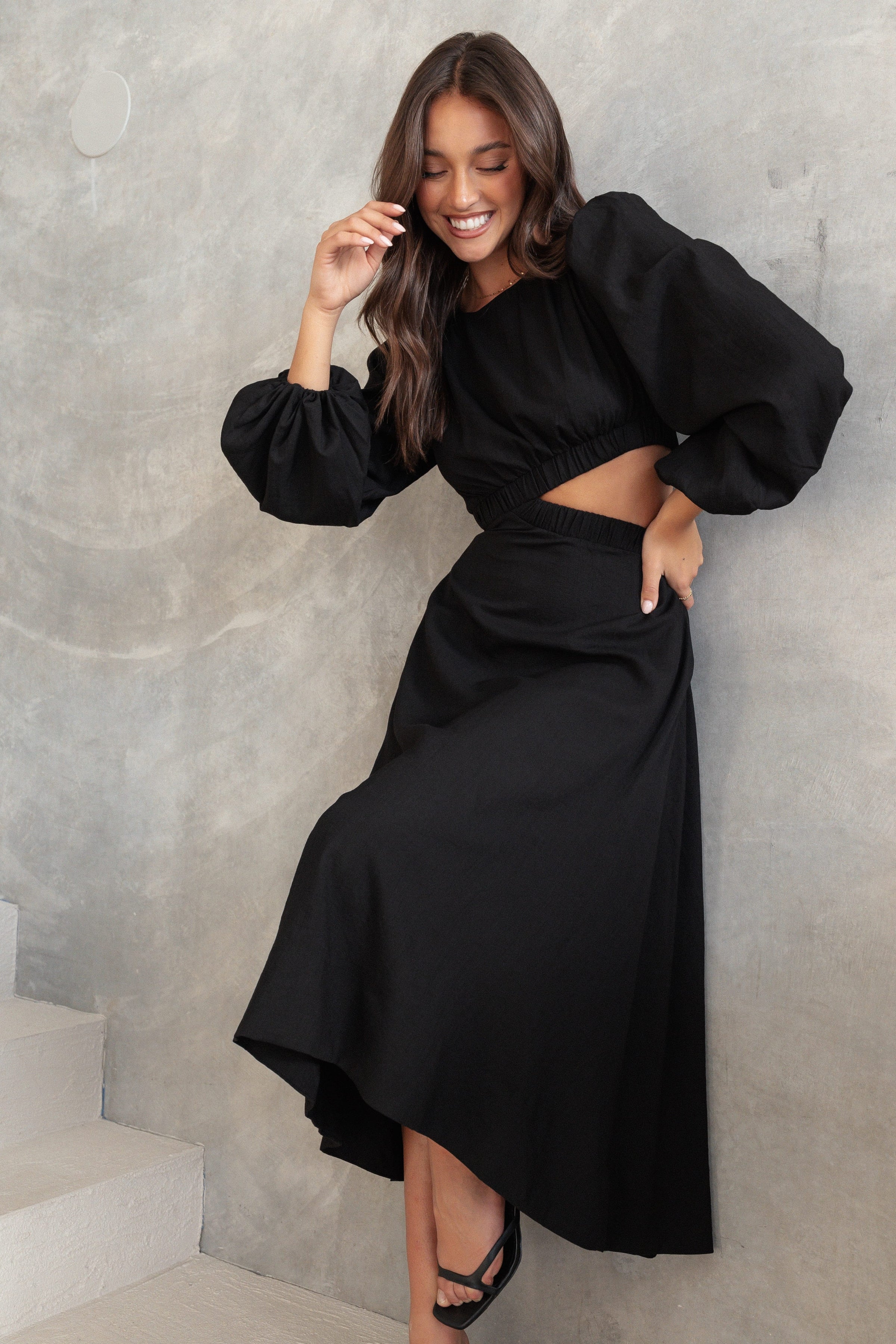 DRESSES Ginnee Puff Sleeve Cutout Midi Dress - Black