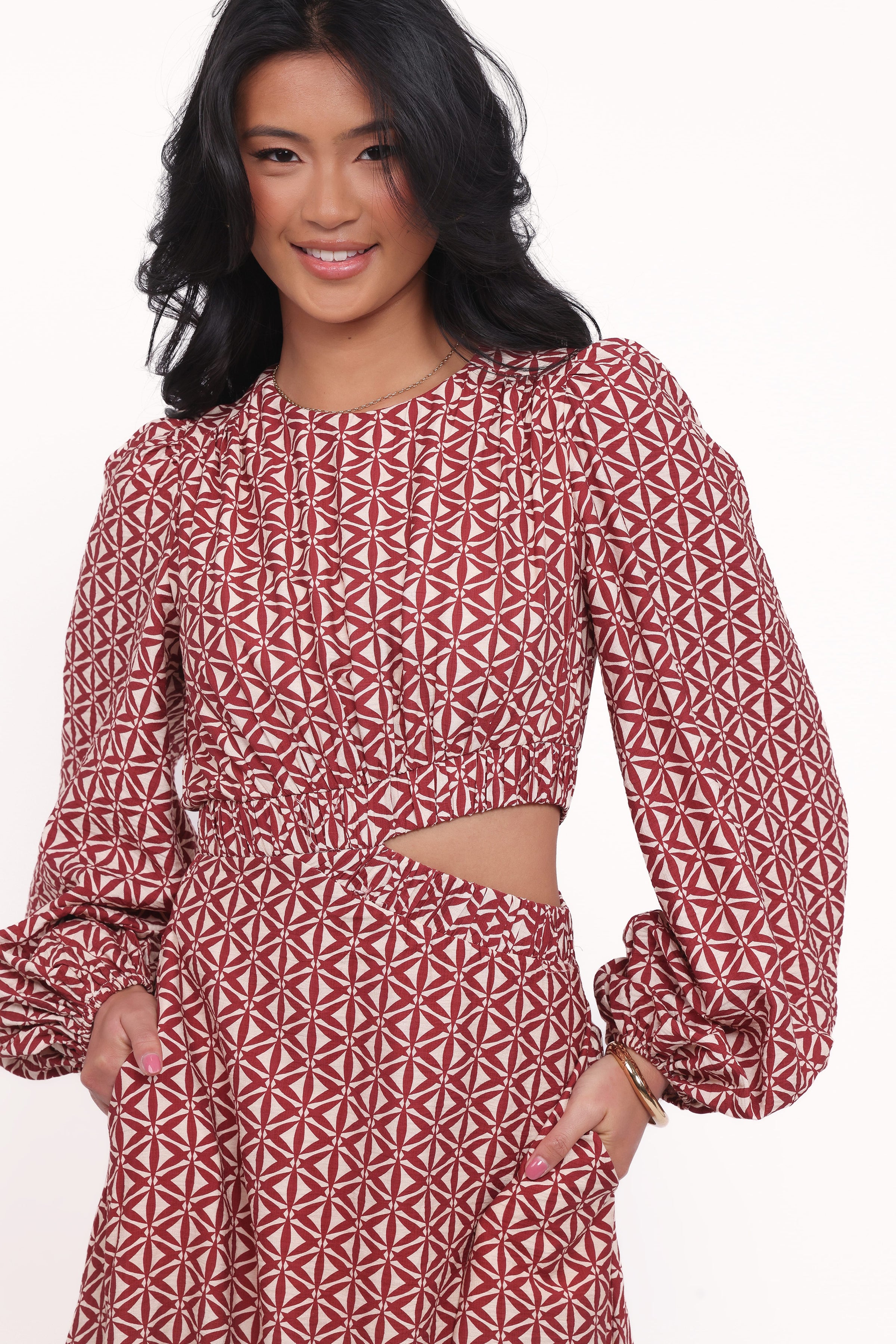 DRESSES Ginnee Puff Sleeve Cutout Midi Dress - Brown Geo