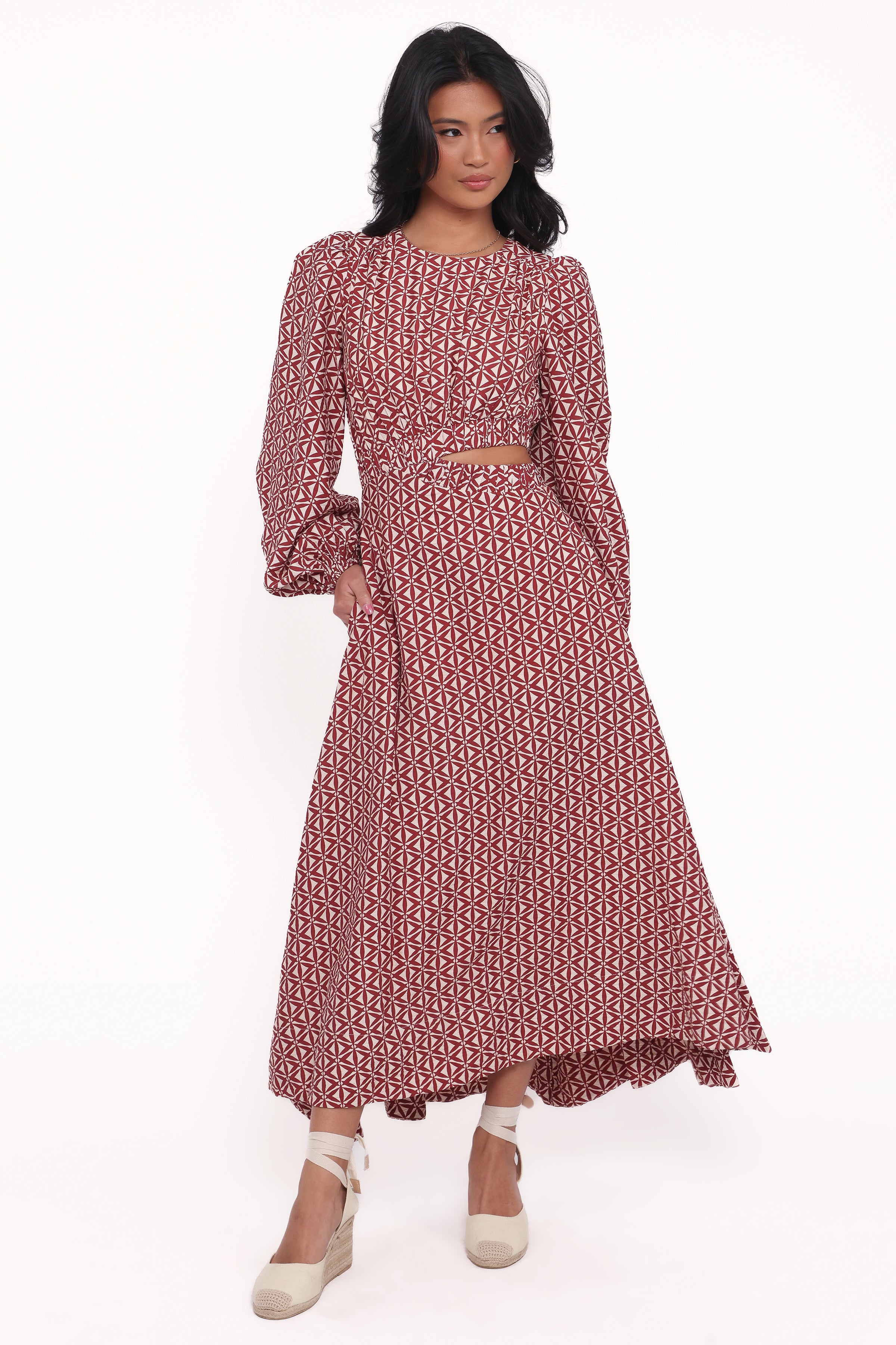 DRESSES Ginnee Puff Sleeve Cutout Midi Dress - Brown Geo