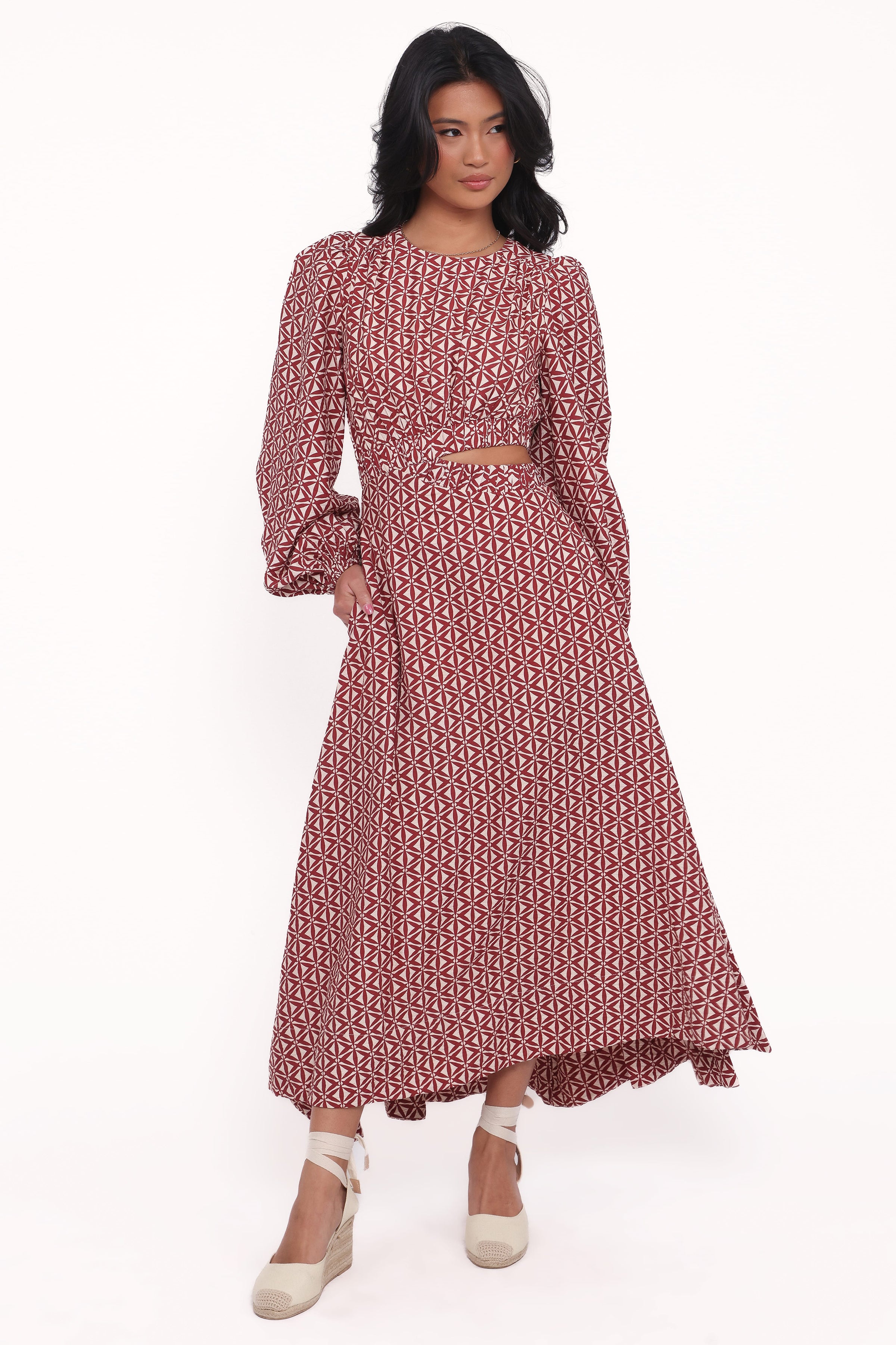 DRESSES Ginnee Puff Sleeve Cutout Midi Dress - Brown Geo