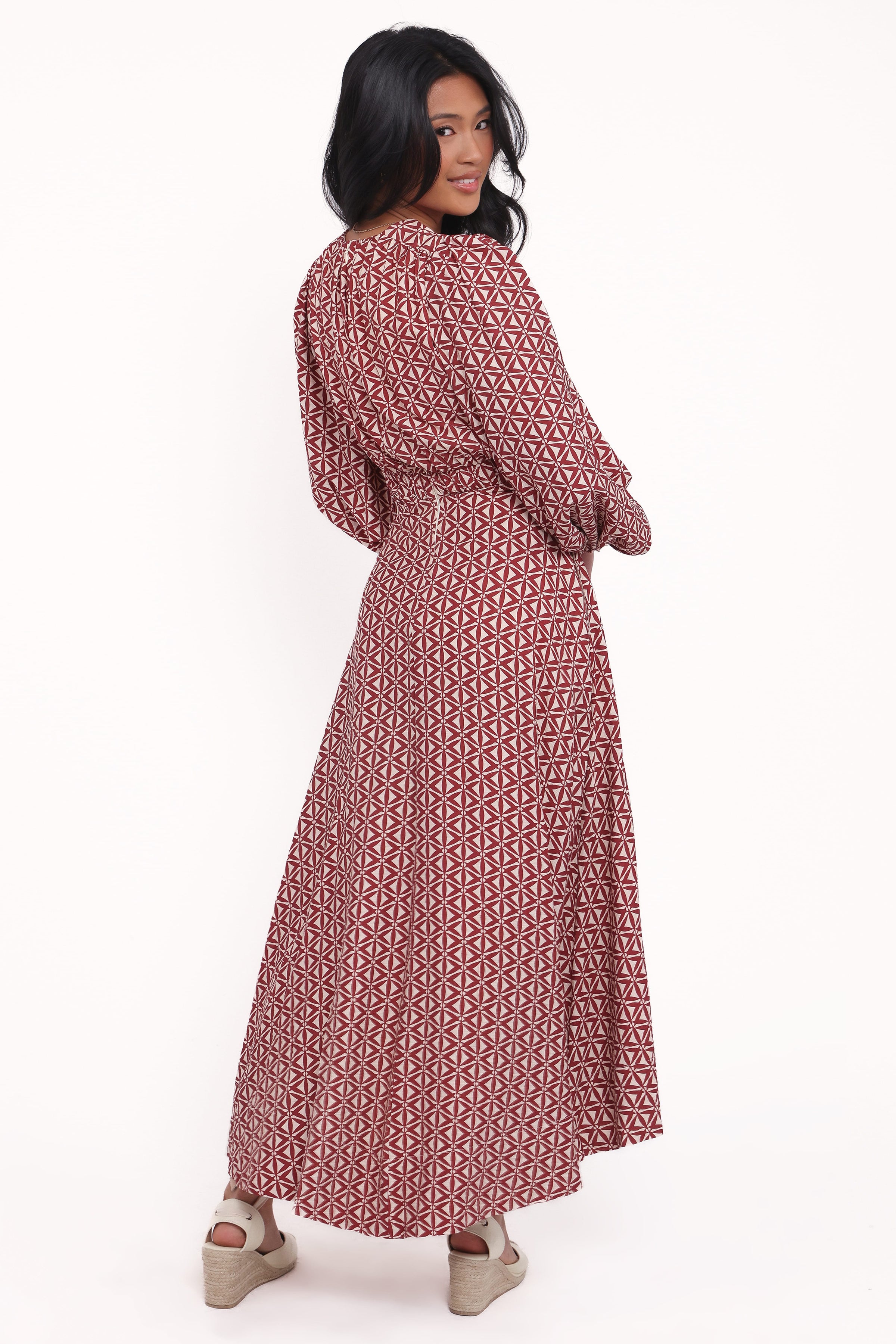 DRESSES Ginnee Puff Sleeve Cutout Midi Dress - Brown Geo