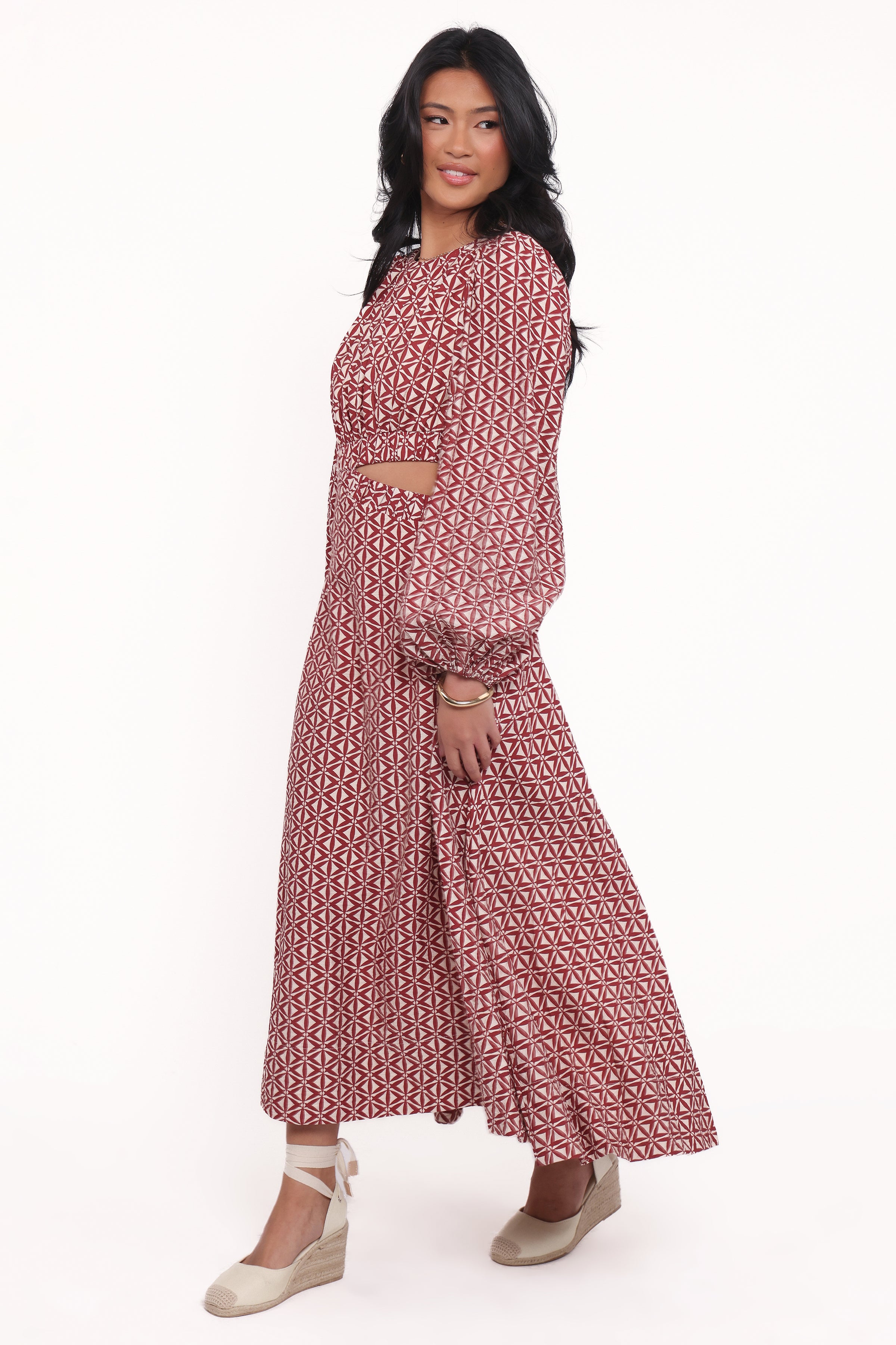 DRESSES Ginnee Puff Sleeve Cutout Midi Dress - Brown Geo