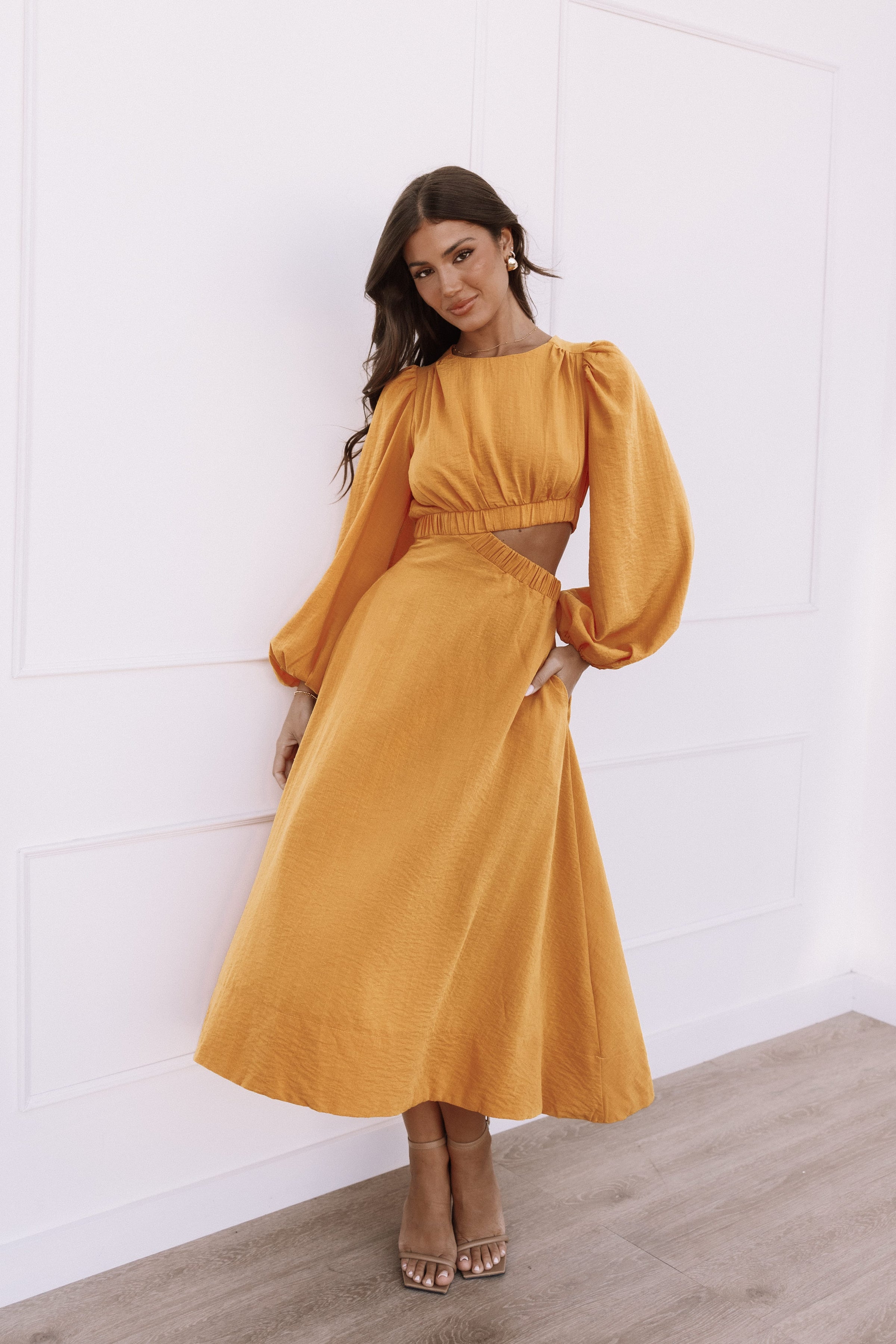 DRESSES Ginnee Puff Sleeve Cutout Midi Dress - Mustard