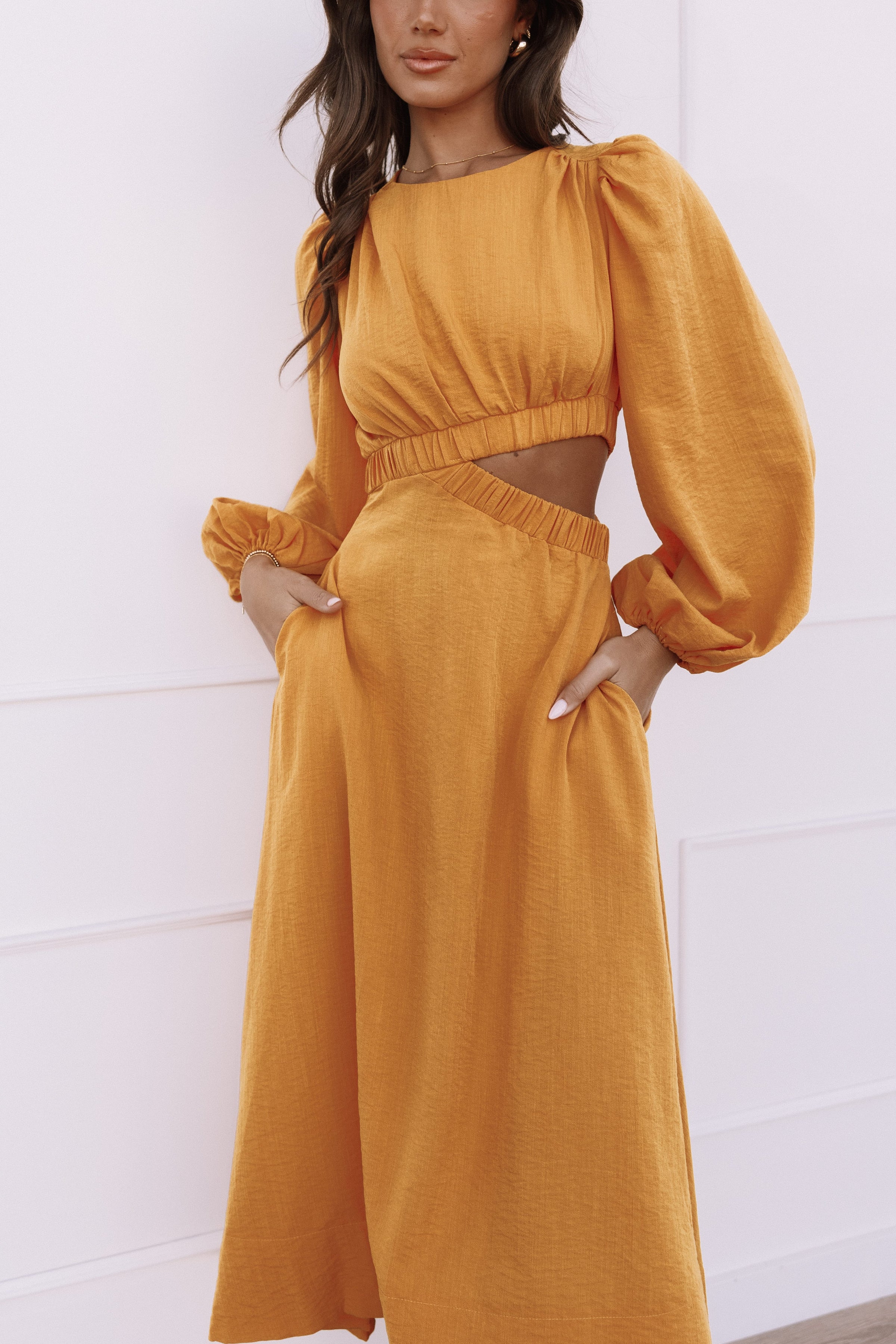 DRESSES Ginnee Puff Sleeve Cutout Midi Dress - Mustard