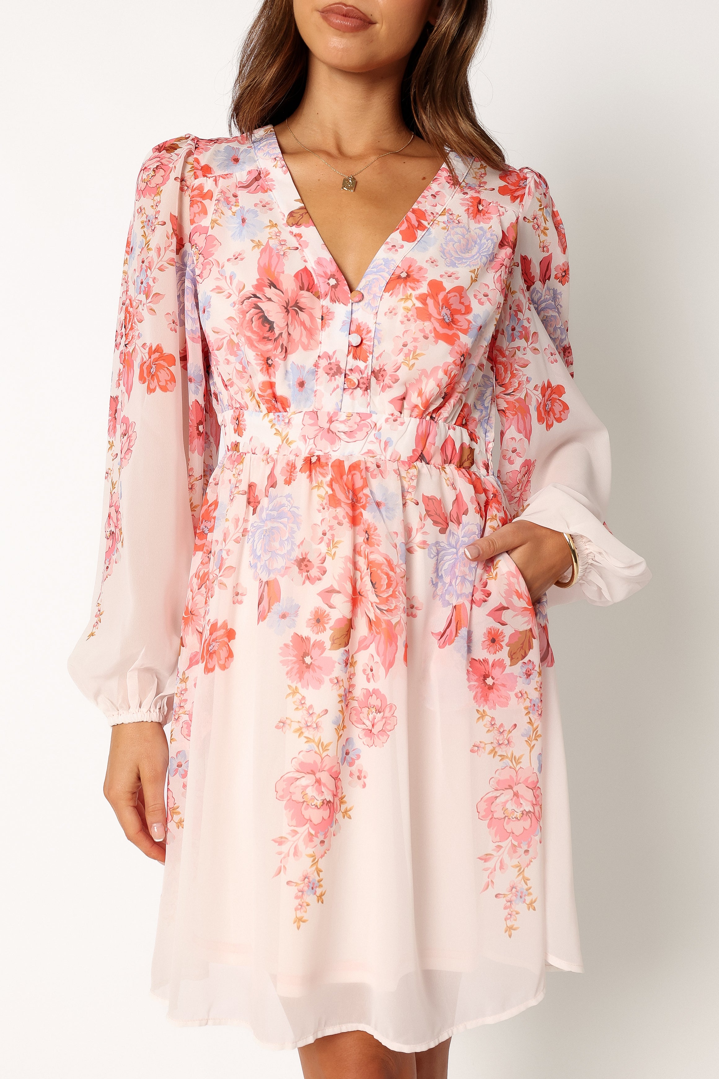DRESSES @Hattie Longsleeve Mini Dress - Pink Floral