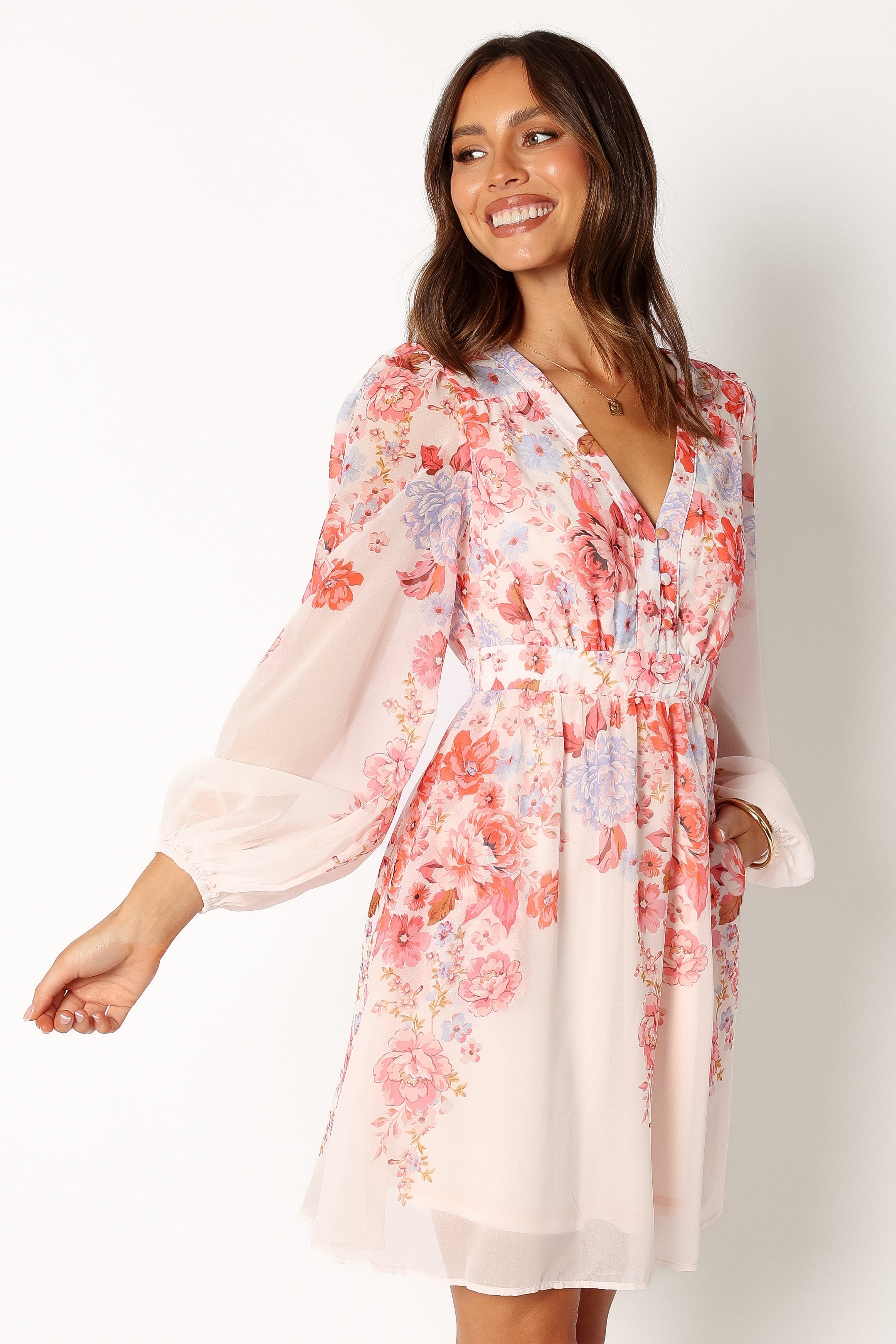 DRESSES @Hattie Longsleeve Mini Dress - Pink Floral
