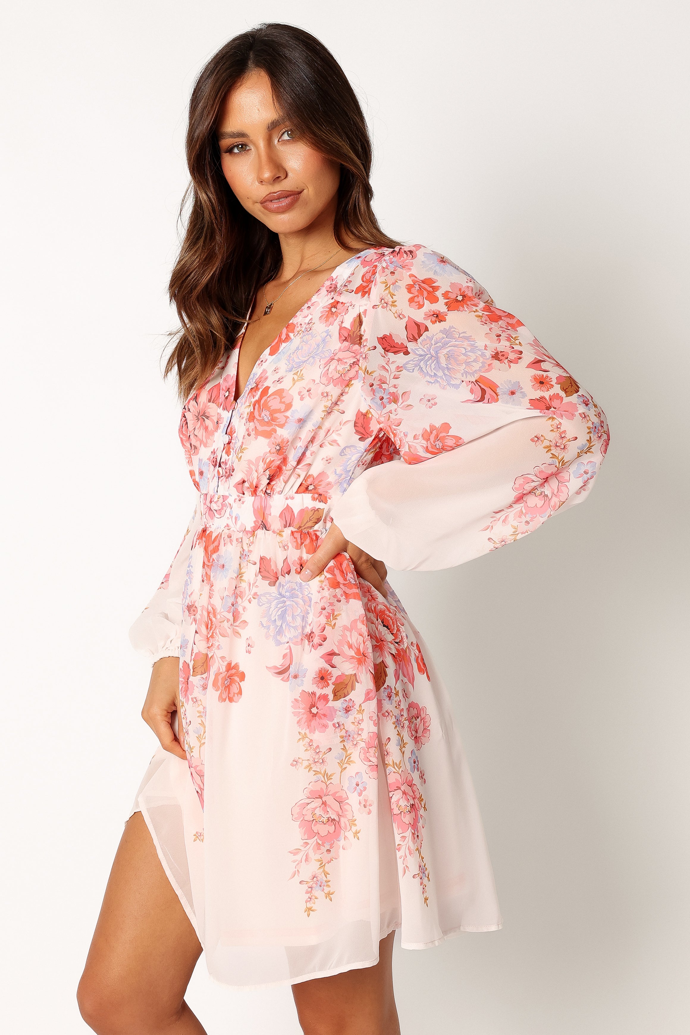 DRESSES @Hattie Longsleeve Mini Dress - Pink Floral