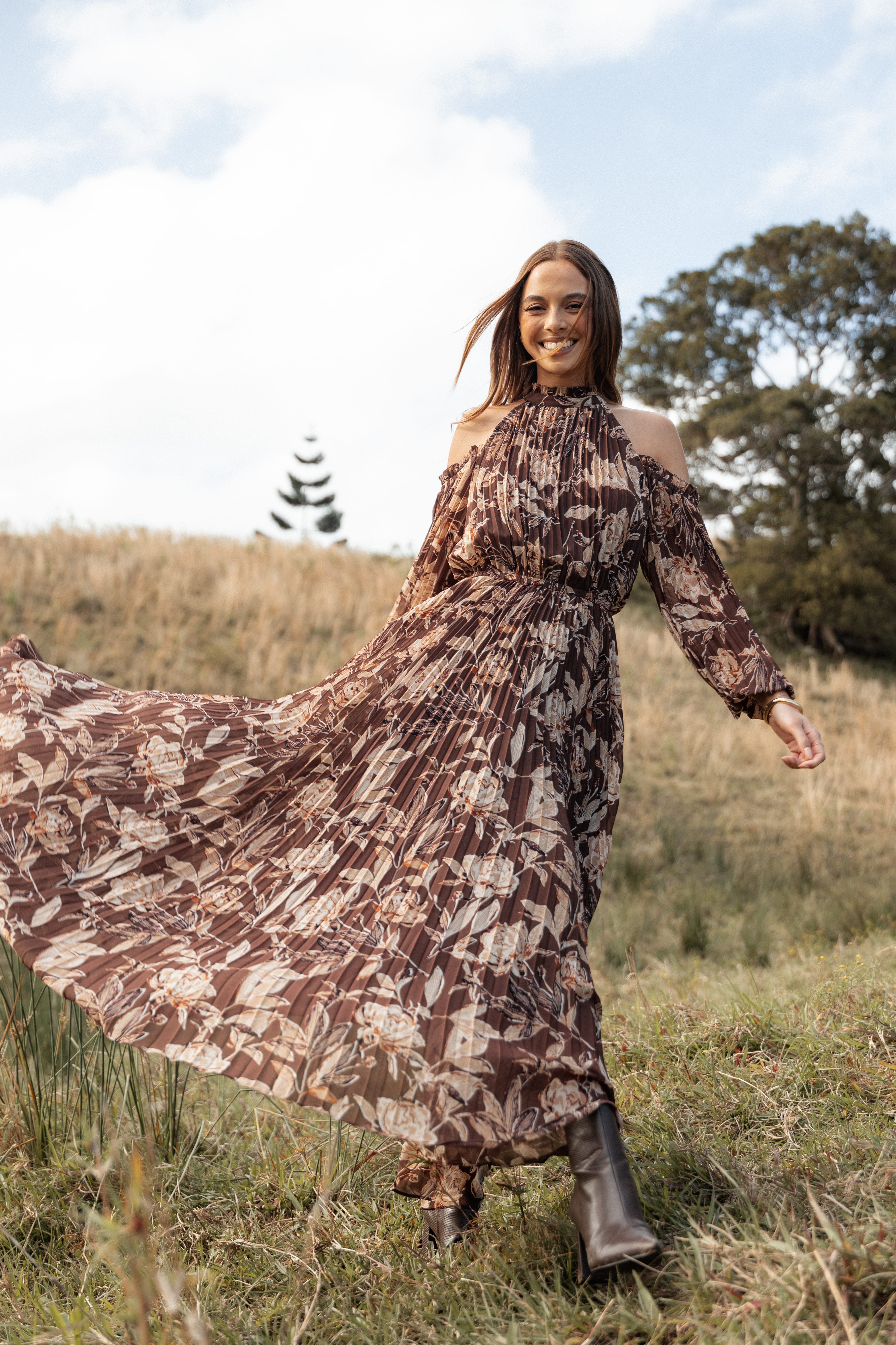 DRESSES Hilary Pleated Maxi Dress - Brown Floral