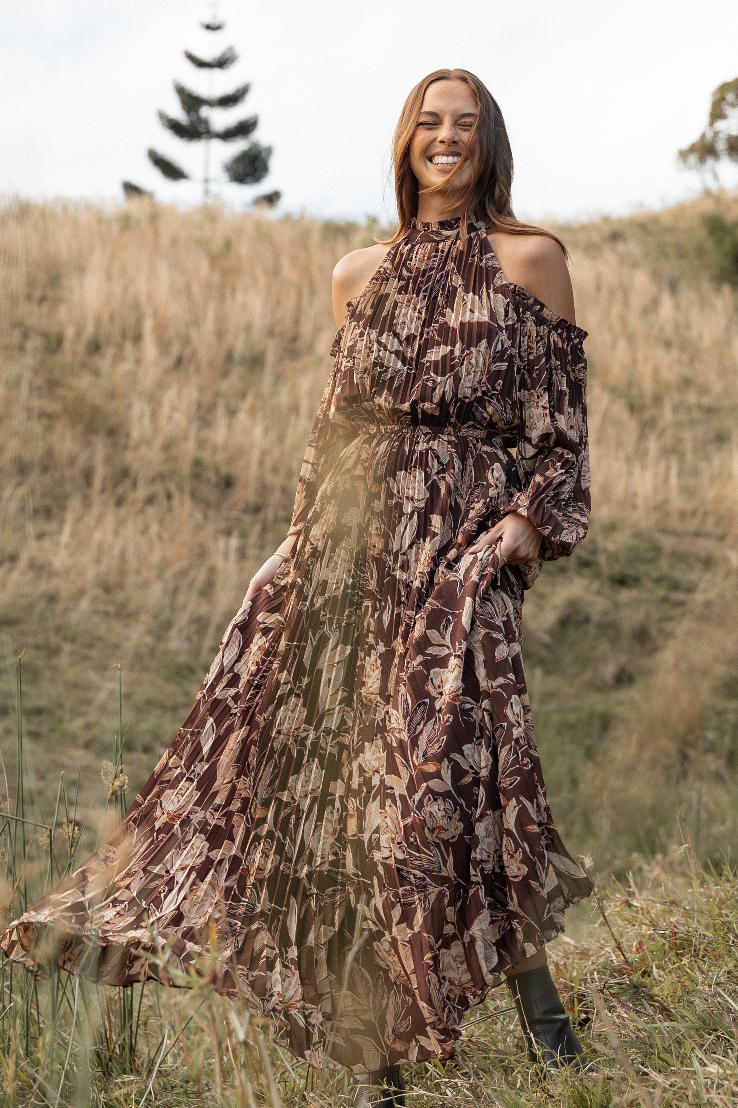 DRESSES Hilary Pleated Maxi Dress - Brown Floral