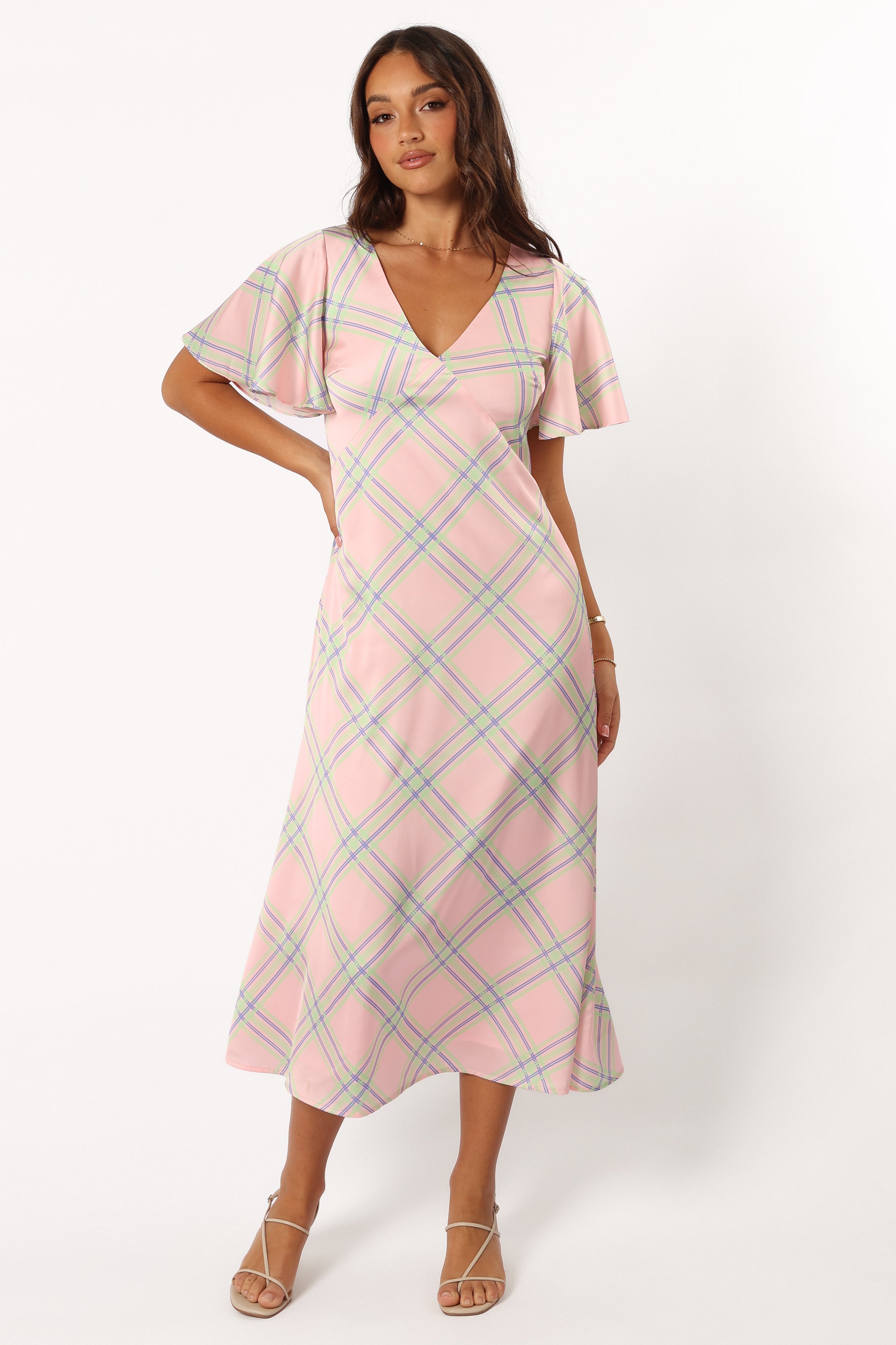 DRESSES @Jess Midi Dress - Pink Check (Hold for Cool Beginnings)