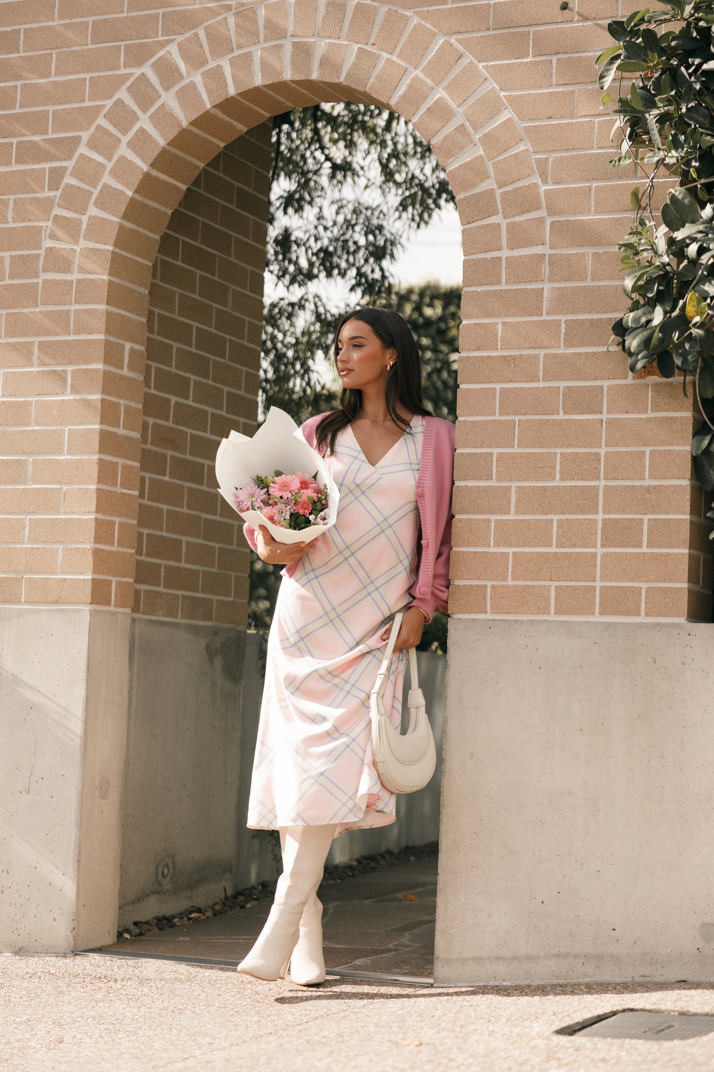 DRESSES @Jess Midi Dress - Pink Check (Hold for Cool Beginnings)