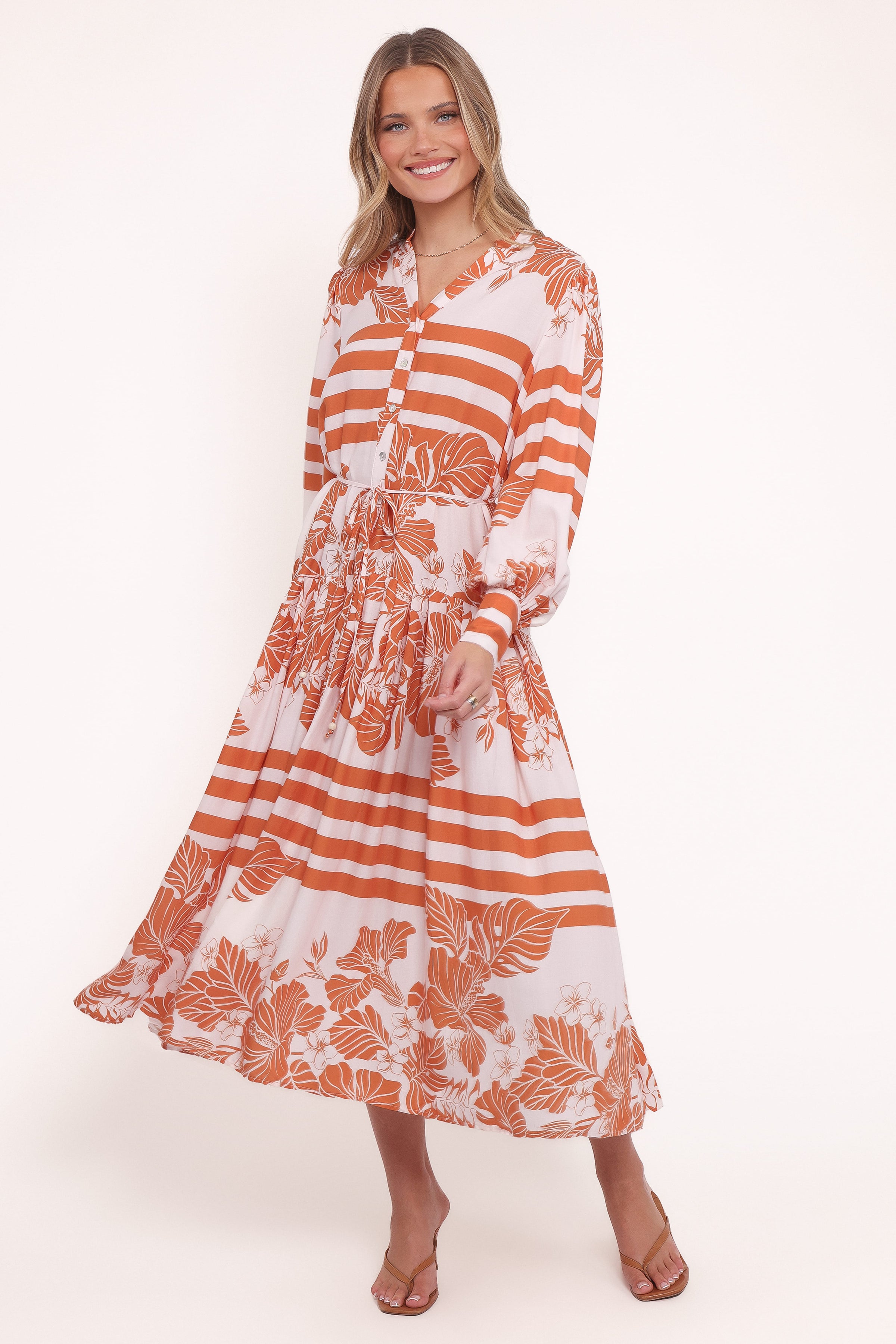 DRESSES Jules Long Sleeve Dress - White/Orange