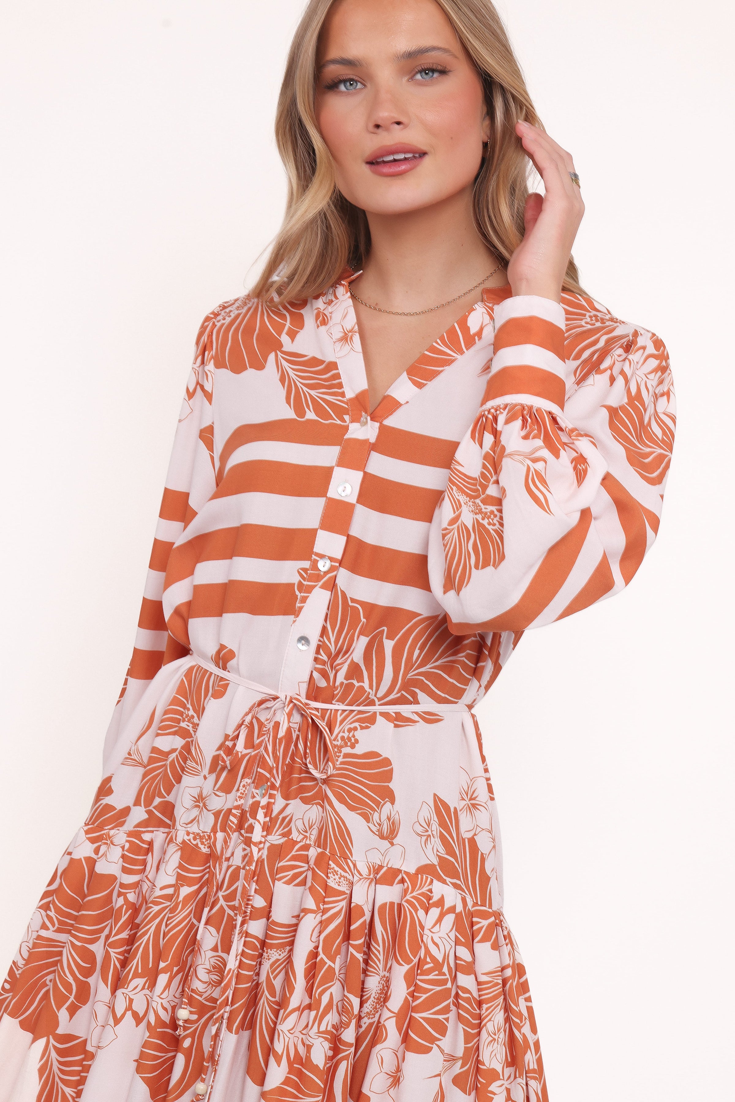 DRESSES Jules Long Sleeve Dress - White/Orange