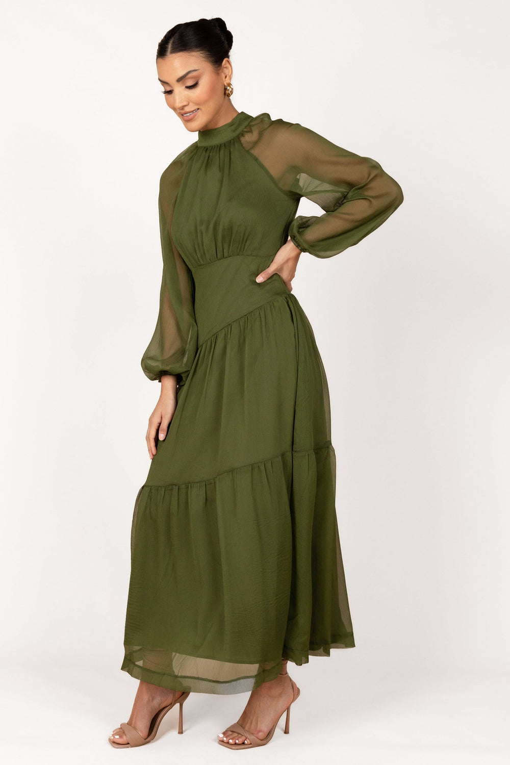 Julip Sheer Long Sleeve Maxi Dress - Olive - View 4 | Shop Formal Dress