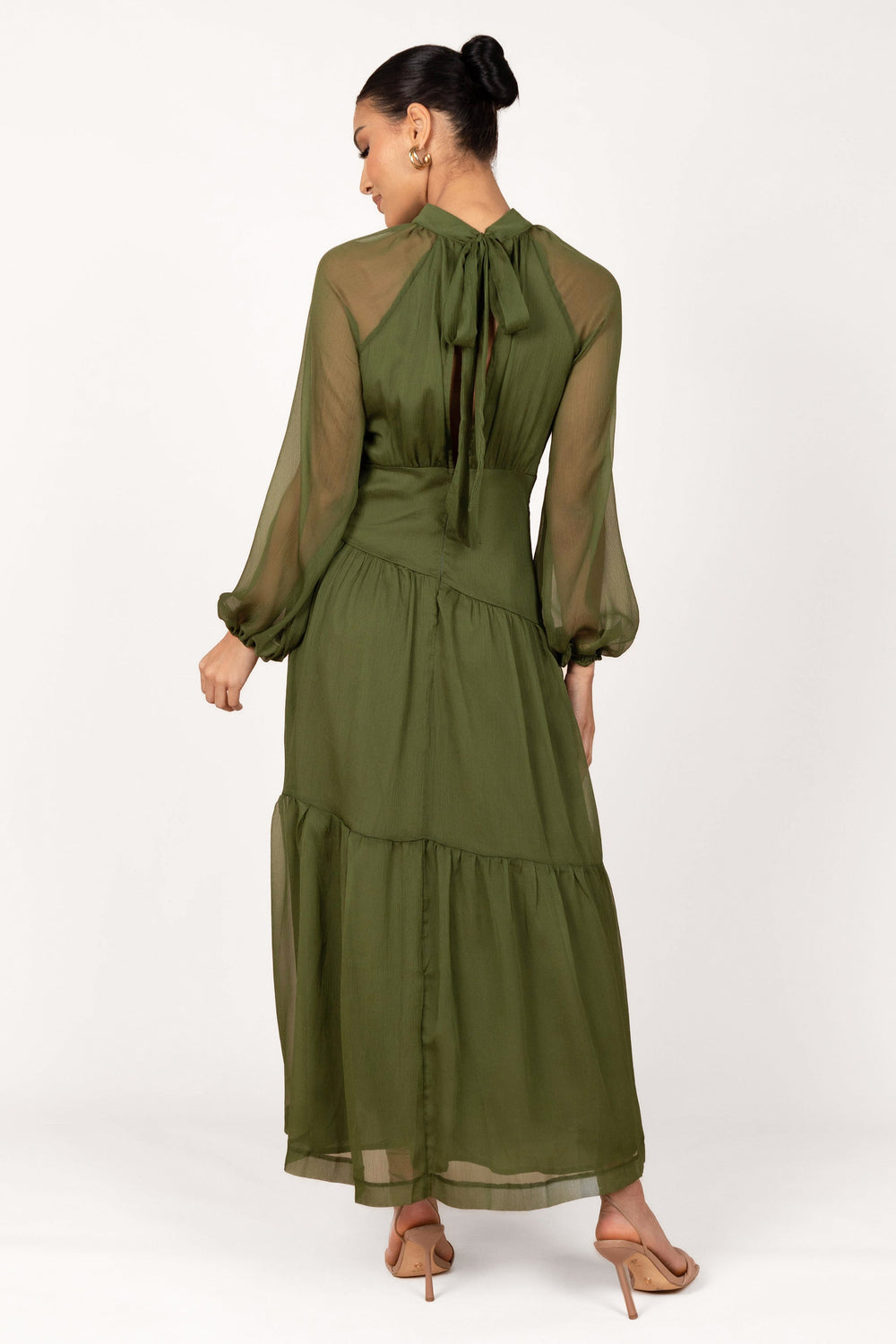 Julip Sheer Long Sleeve Maxi Dress - Olive - View 3 | Shop Formal Dress