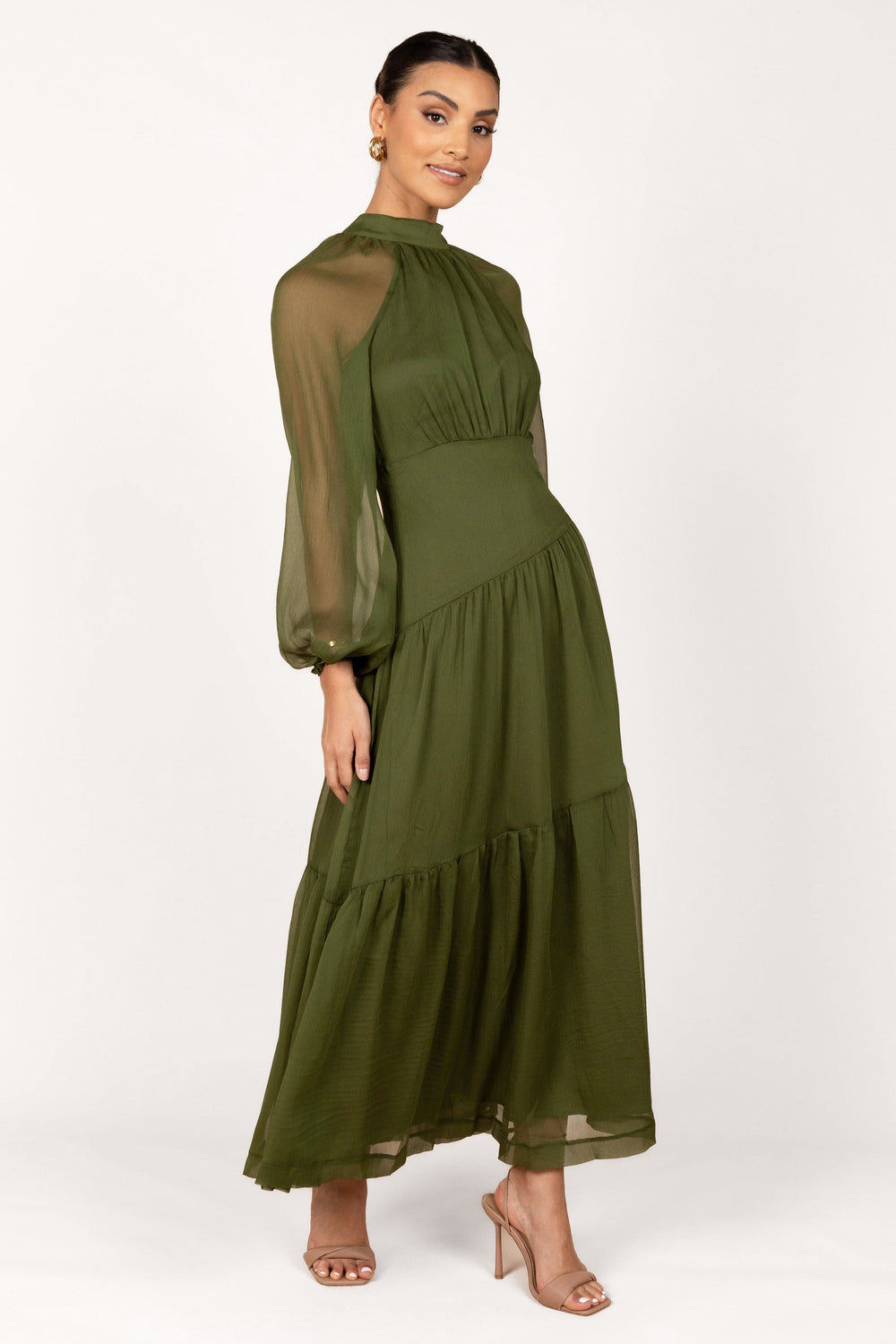 Julip Sheer Long Sleeve Maxi Dress - Olive - View 1 | Shop Formal Dress