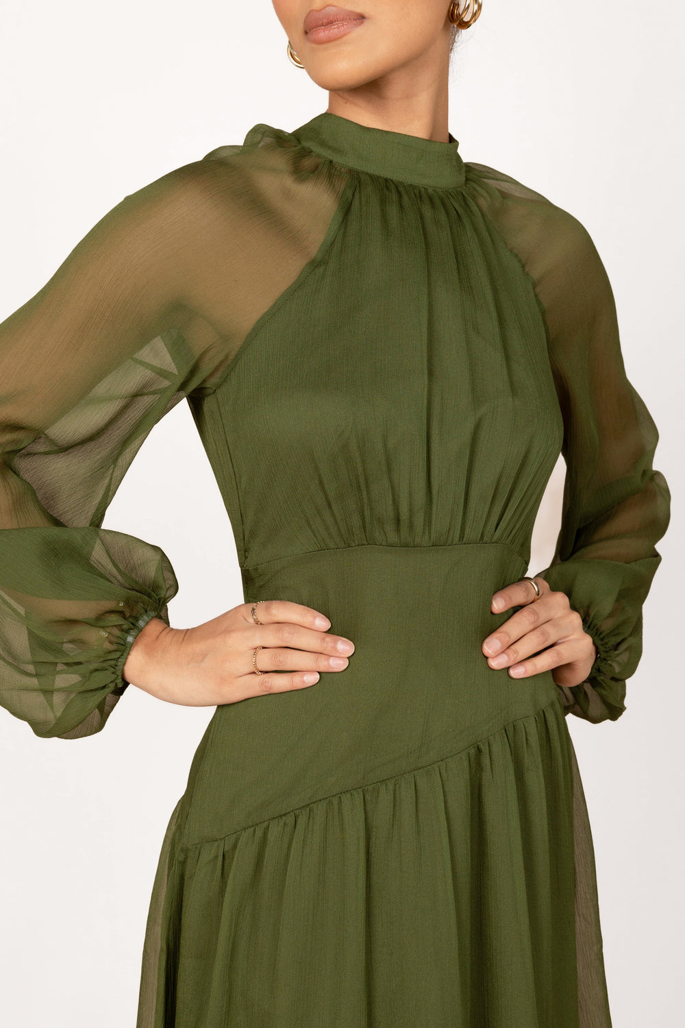 Julip Sheer Long Sleeve Maxi Dress - Olive - View 6 | Shop Formal Dress