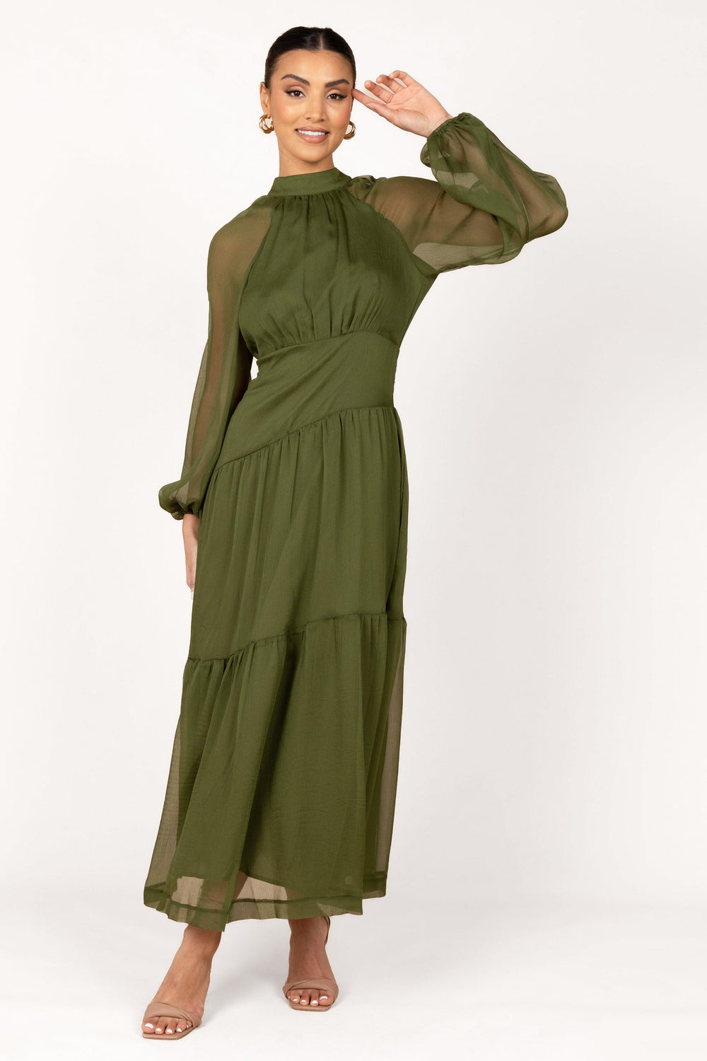 Julip Sheer Long Sleeve Maxi Dress - Olive - View 5 | Shop Formal Dress