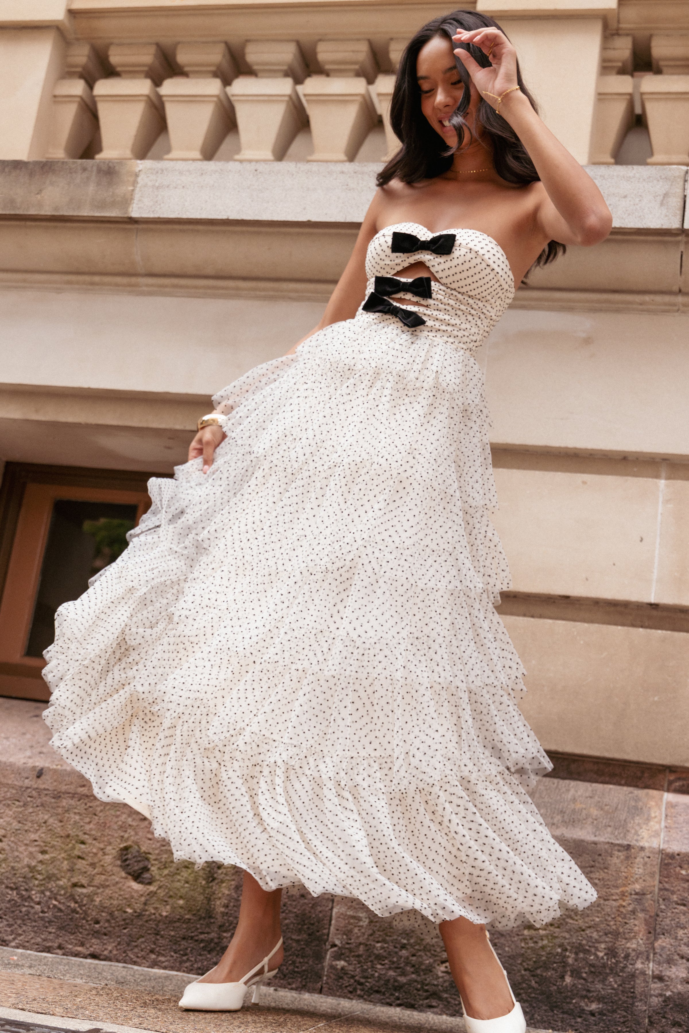 DRESSES Kelari Strapless Midi Dress - Cream Polka Dot