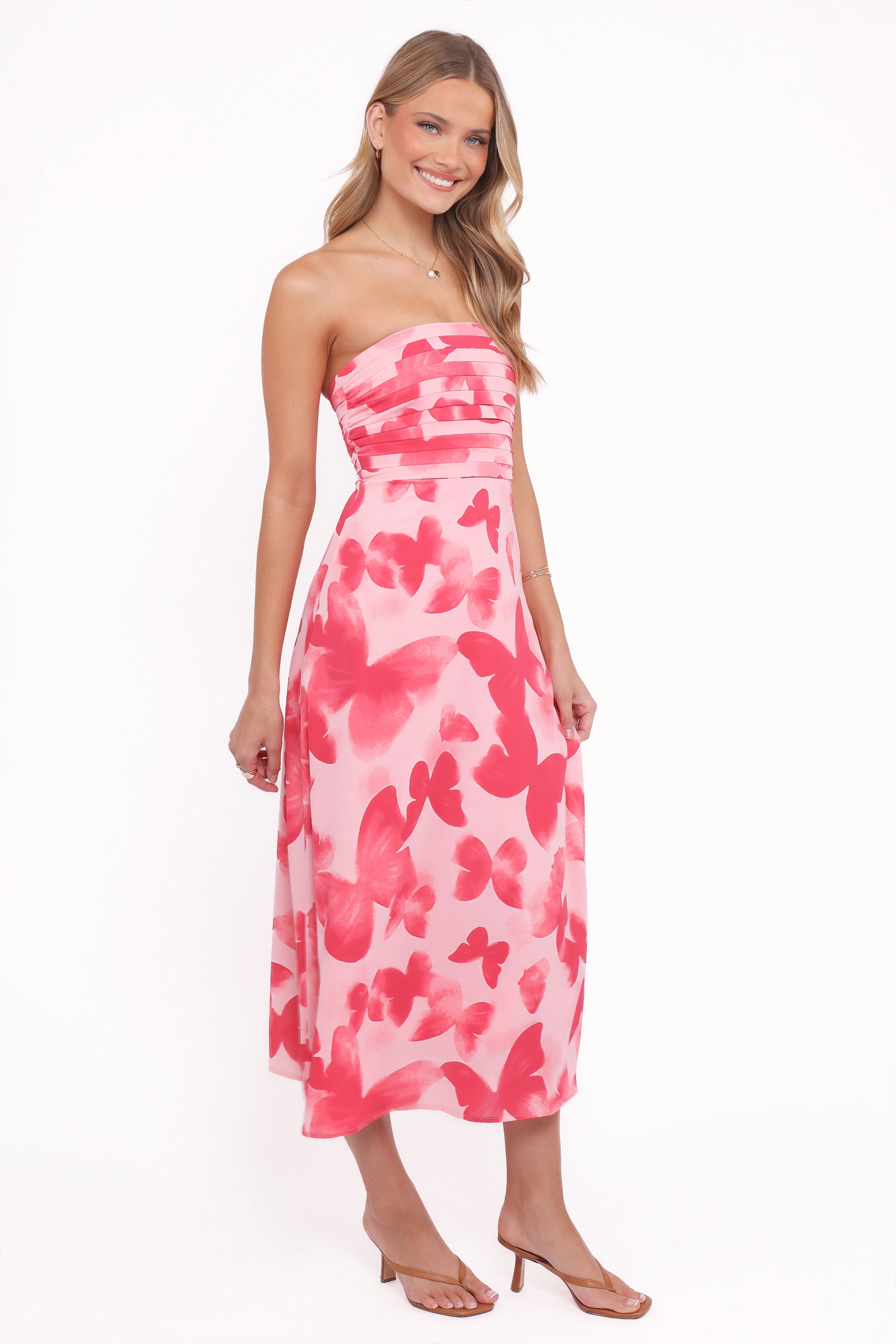 DRESSES Kenna Strapless Midi Dress - Butterfly Print