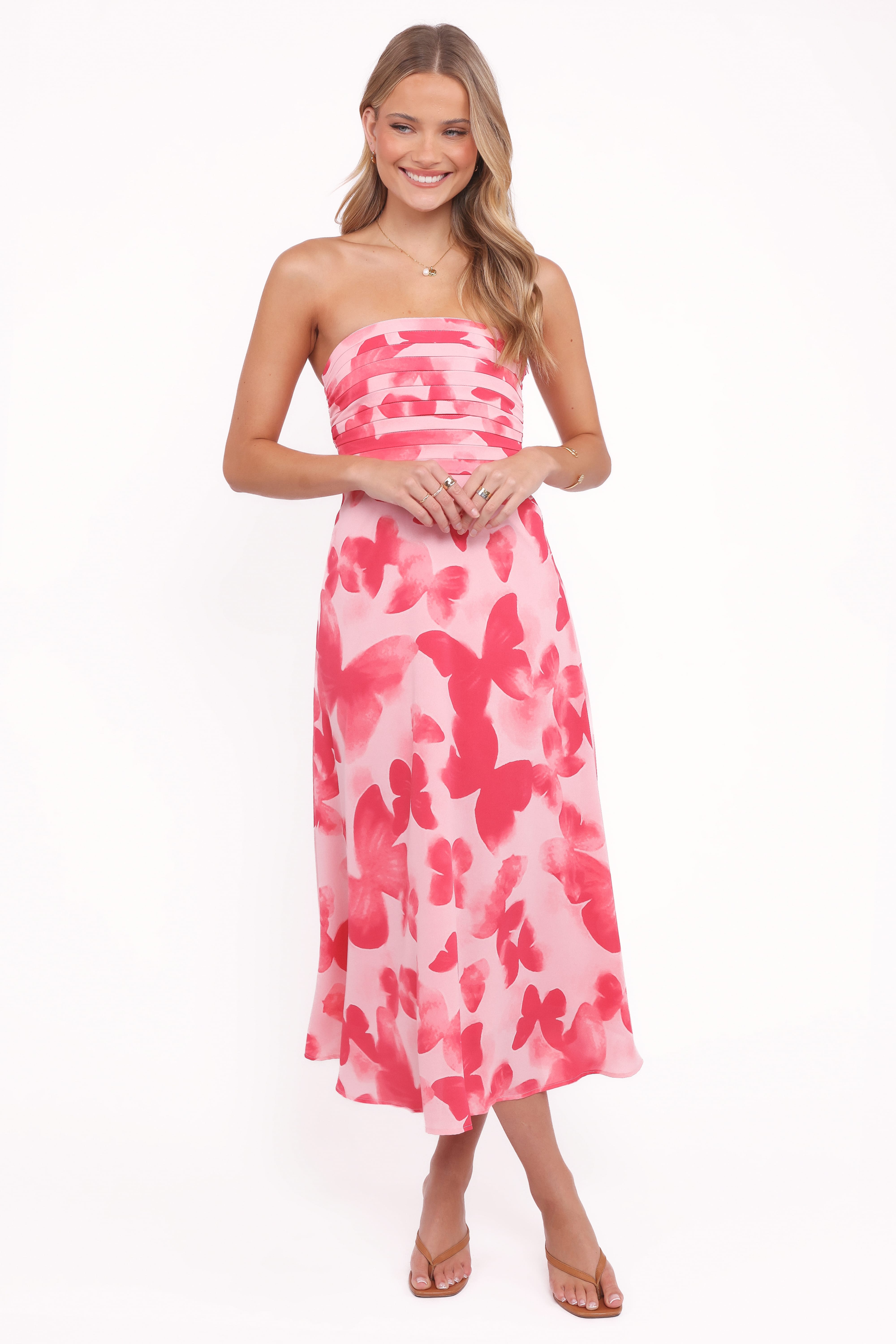 DRESSES Kenna Strapless Midi Dress - Butterfly Print