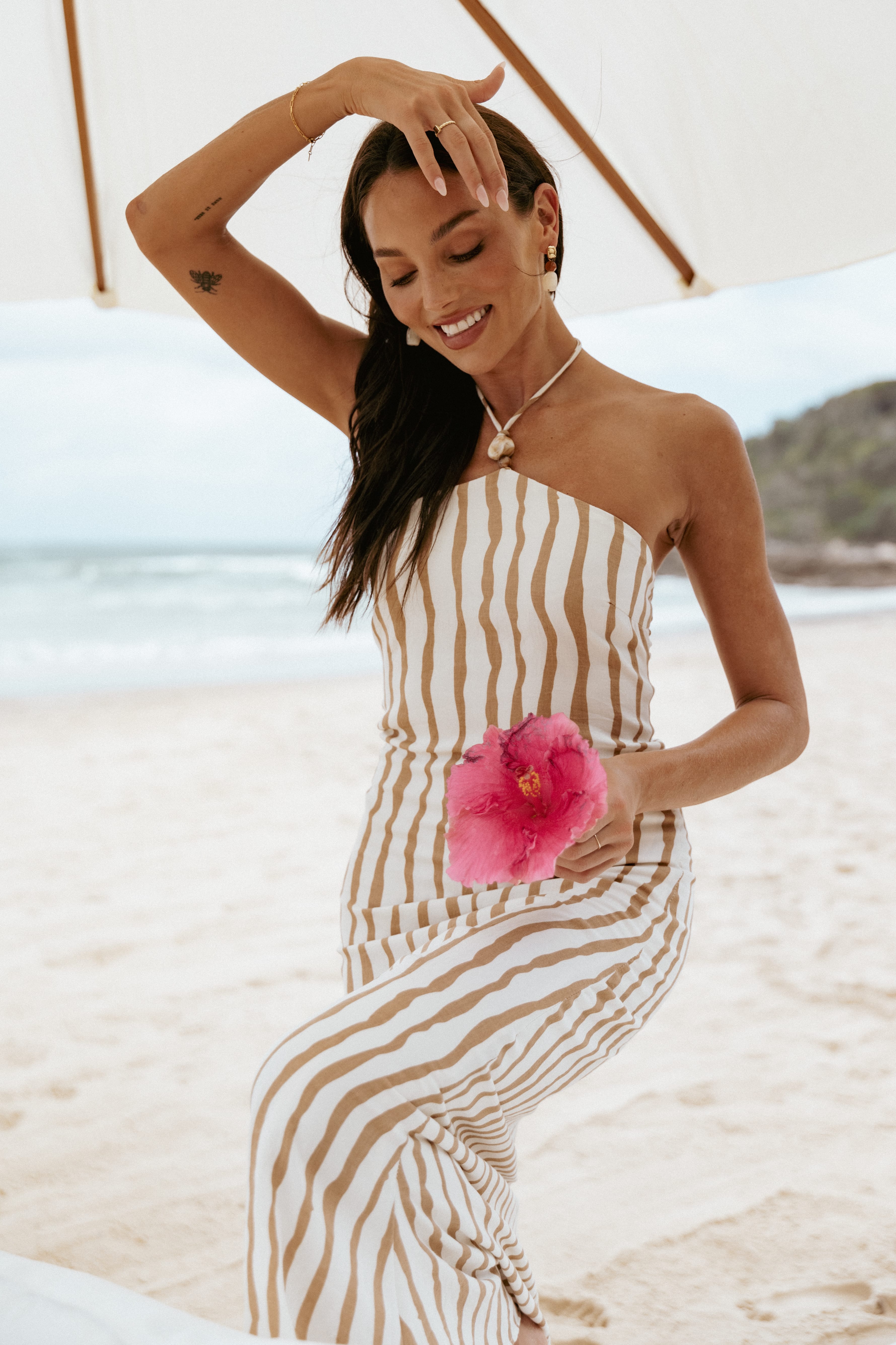 DRESSES Kim Halter Maxi Dress - Tan Stripe