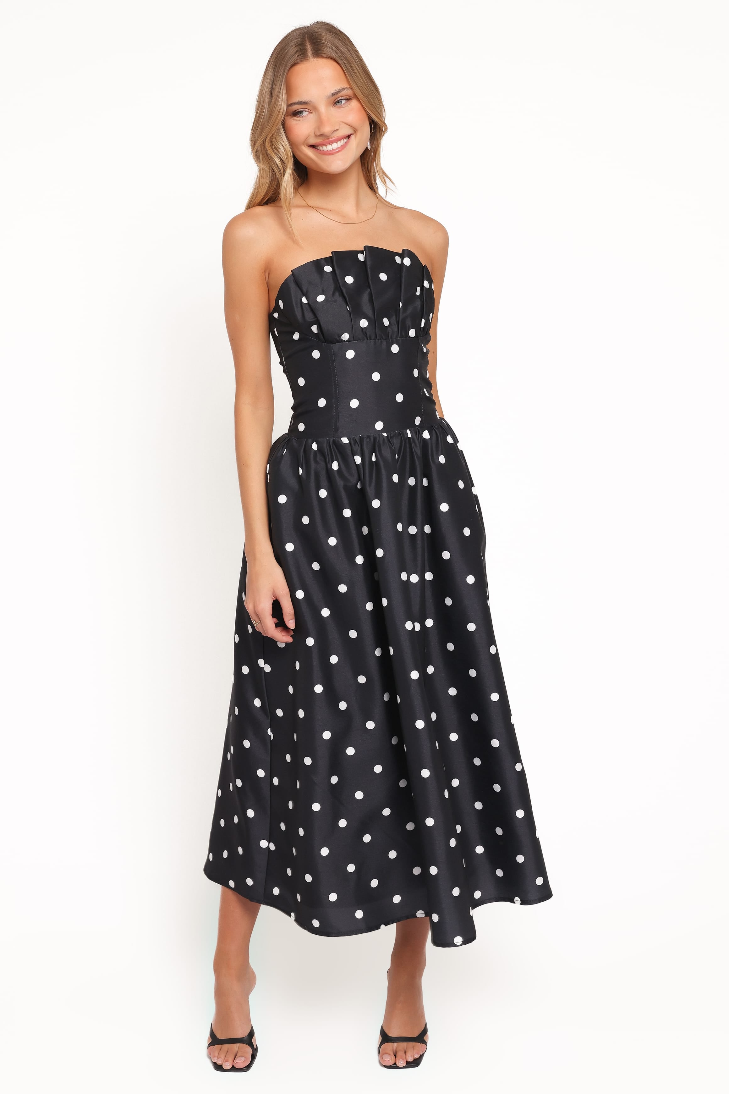 DRESSES Kimbra Strapless Midi Dress - Black Polka Dot