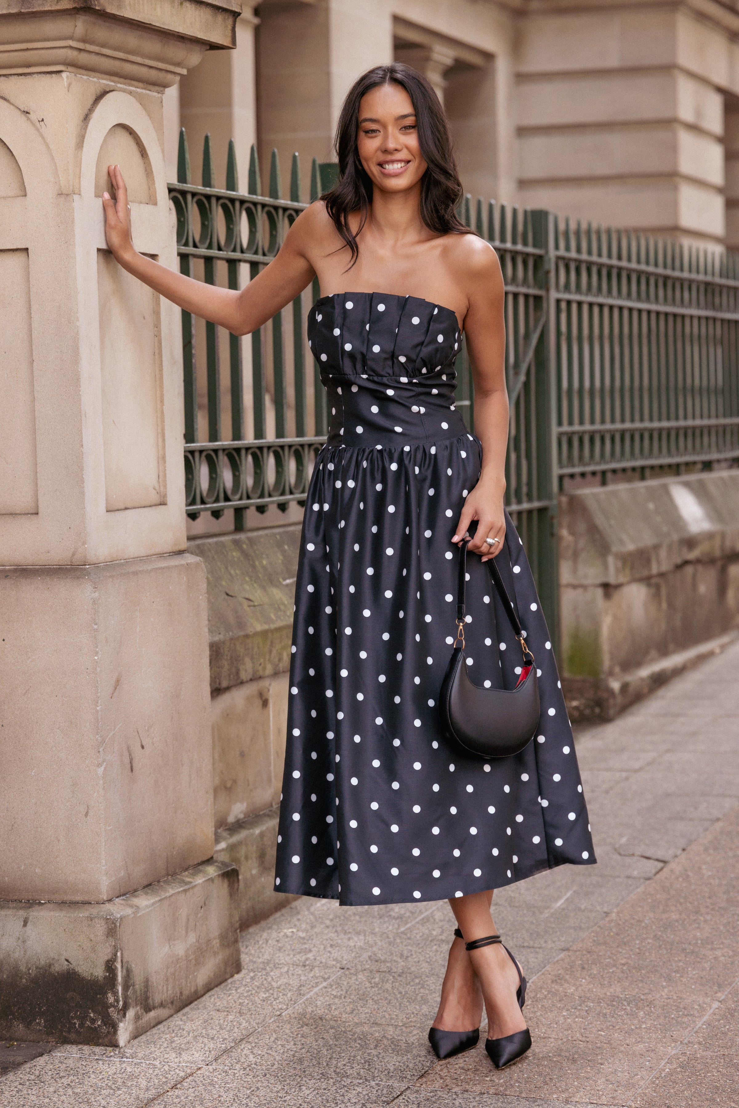 DRESSES Kimbra Strapless Midi Dress - Black Polka Dot