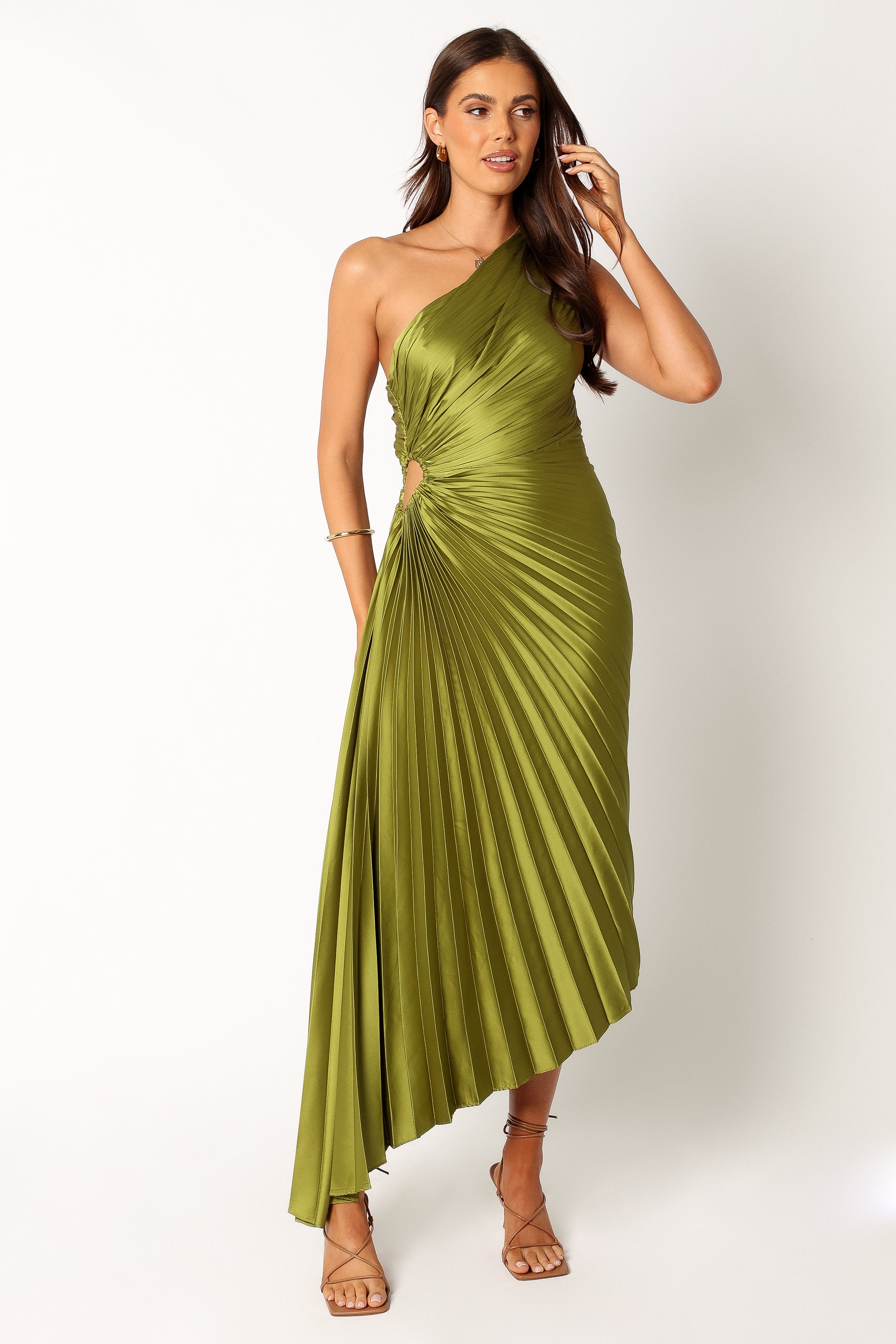 DRESSES @Kleo One Shoulder Maxi Dress - Olive Green