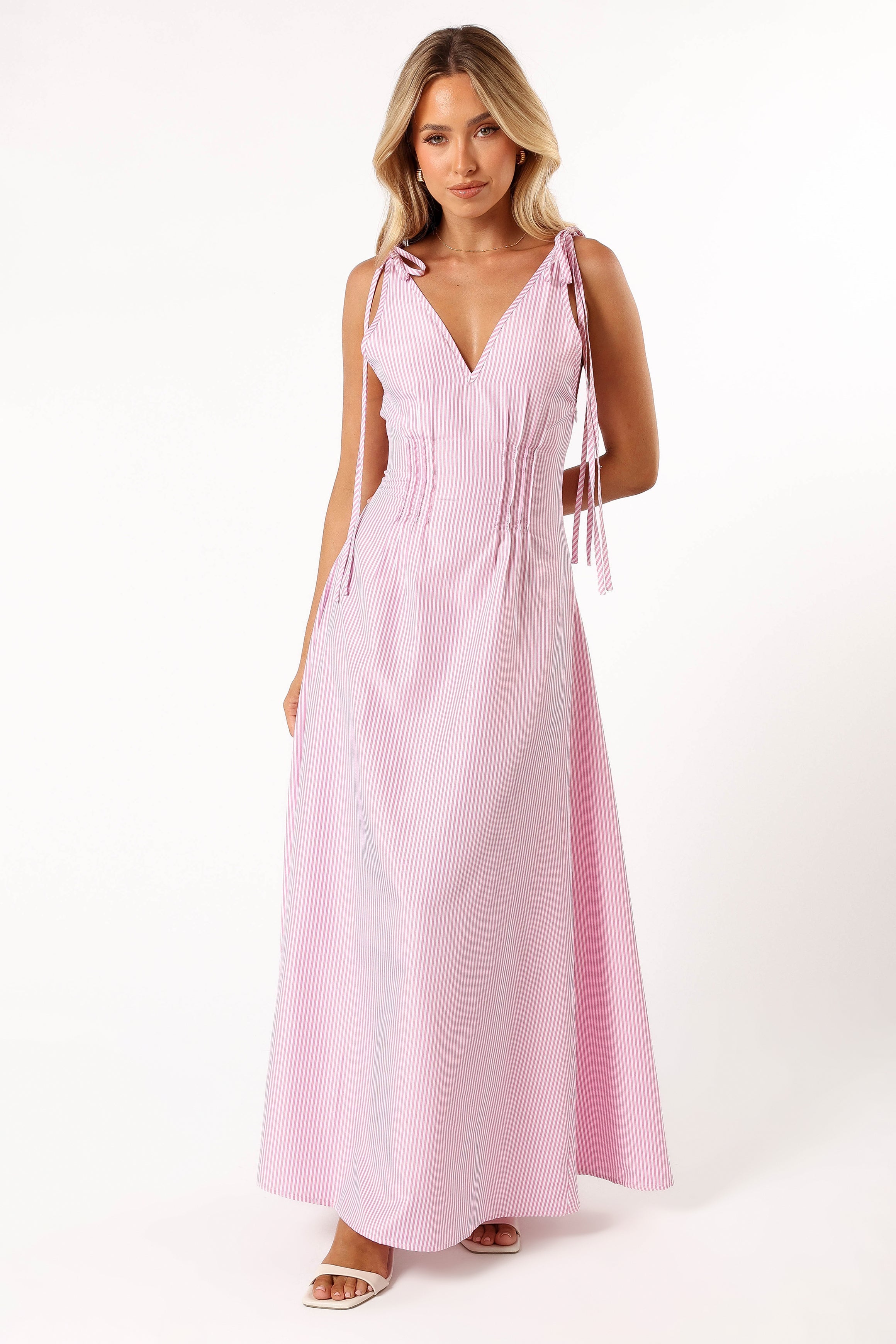 DRESSES @Lainey Tie Maxi Dress - Pink Stripe (Hold for Transitional Essentials)