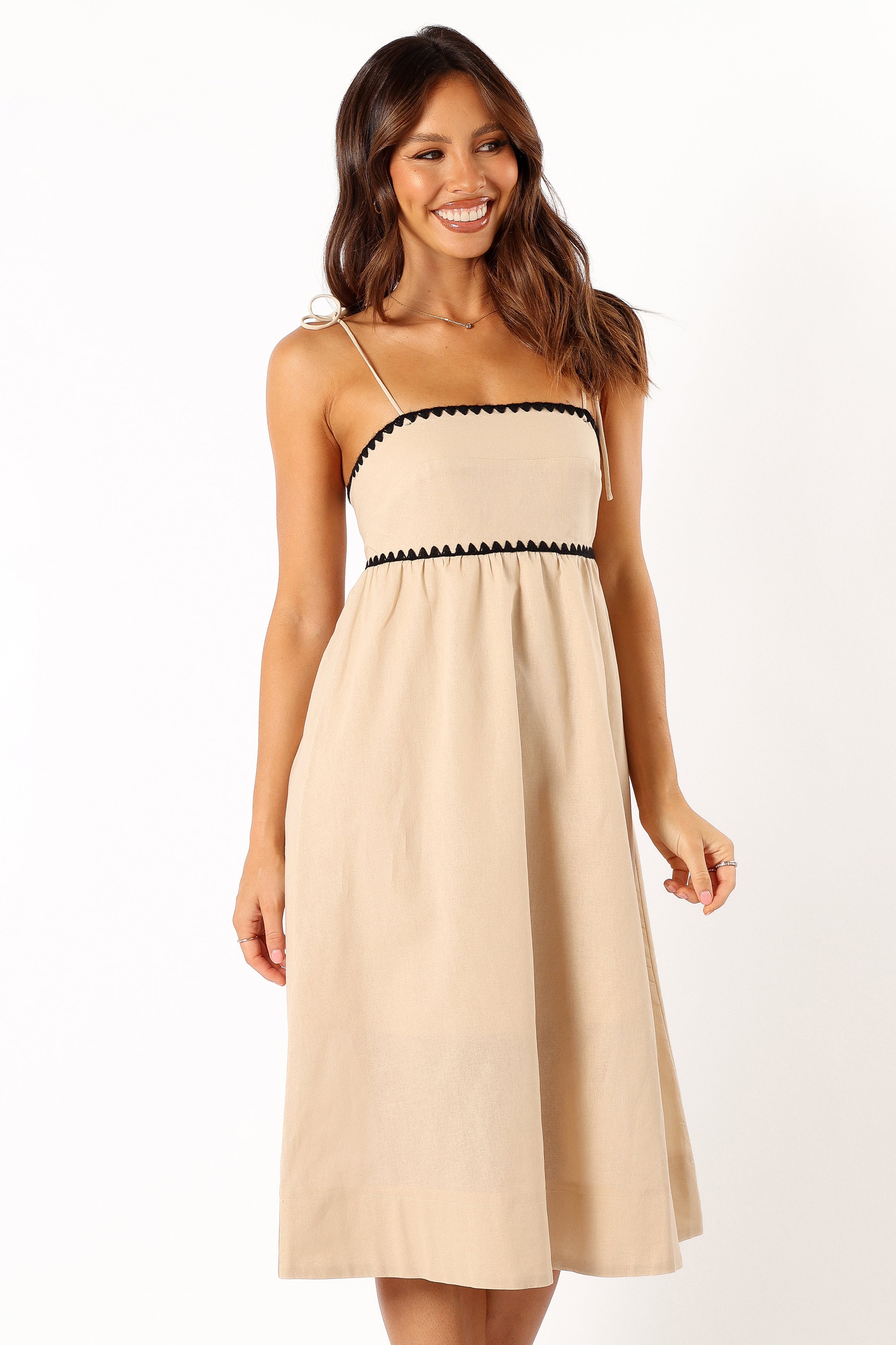 DRESSES @Lino Contrast Trim Midi Dress - Cream Black