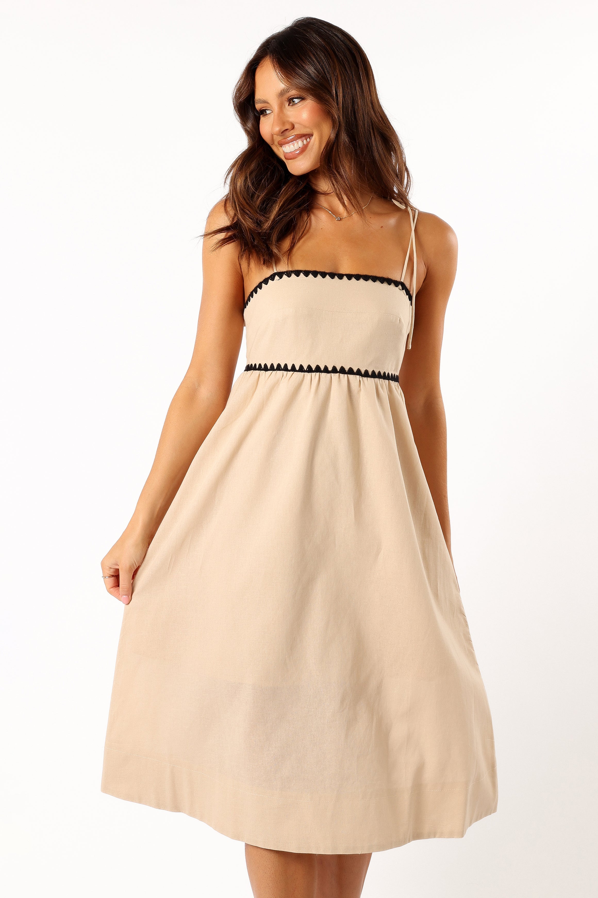 DRESSES @Lino Contrast Trim Midi Dress - Cream Black