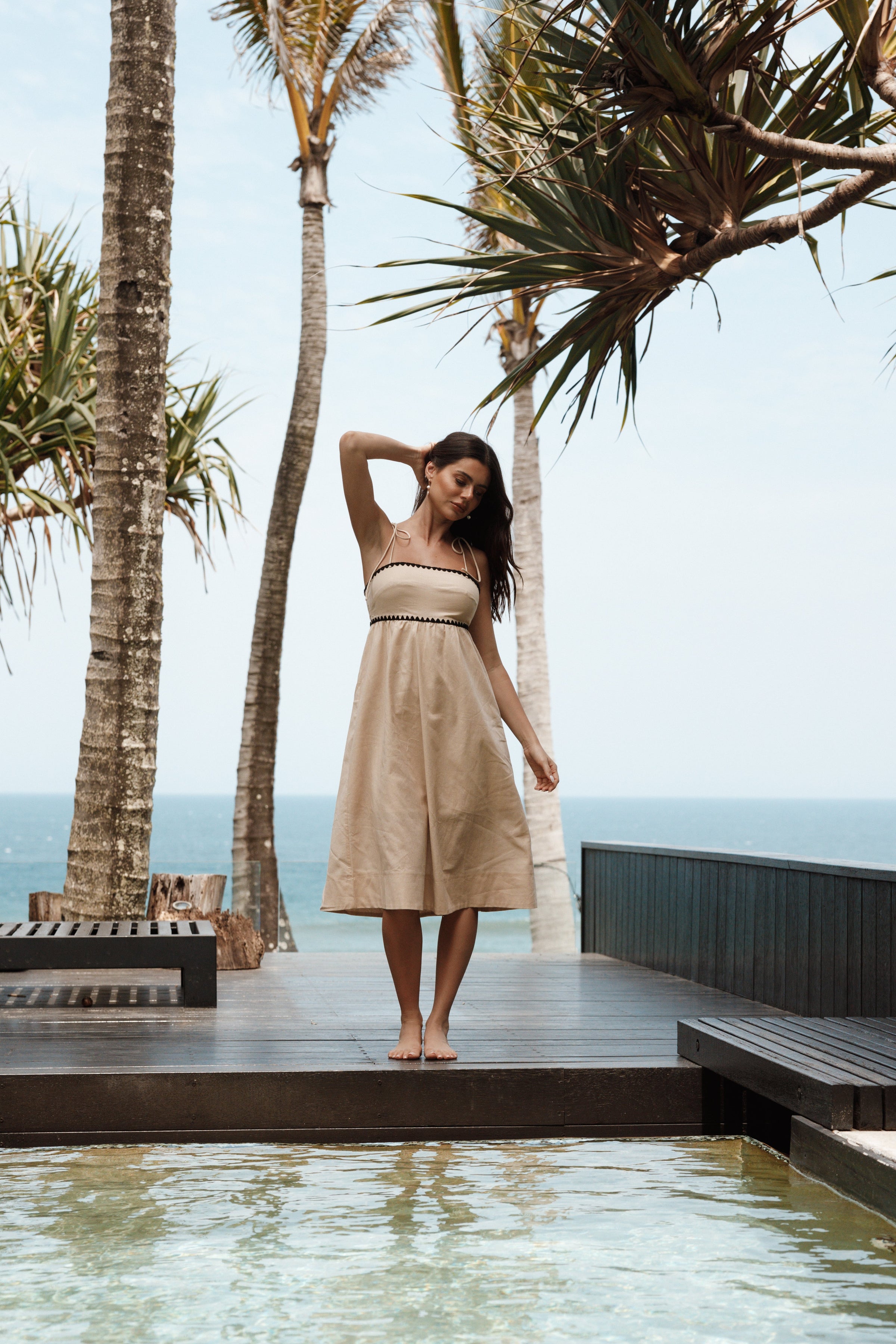 DRESSES Lino Contrast Trim Midi Dress - Cream Black